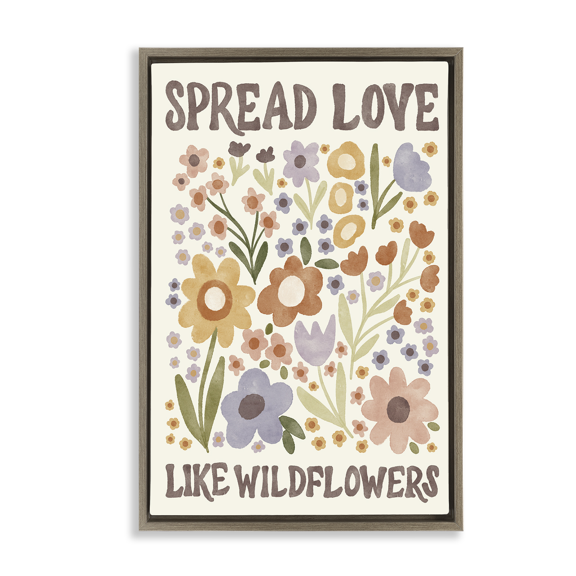 Stupell Industries Spread Love Like Wildflowers Plants & Flowers Painting Brown Floater Framed Canvas Art Print Wall Art, 21 x 31