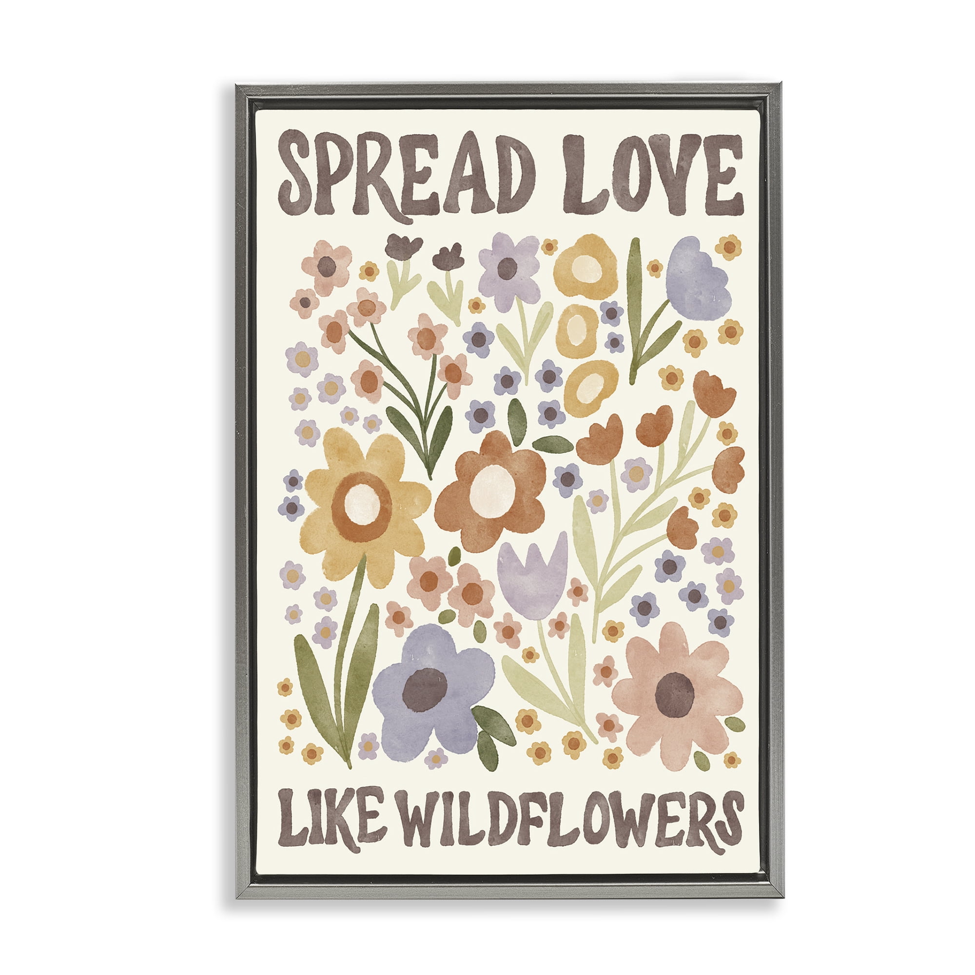 Stupell Industries Spread Love Like Wildflowers Plants & Flowers Painting Gray Floater Framed Canvas Art Print Wall Art, 17 x 25