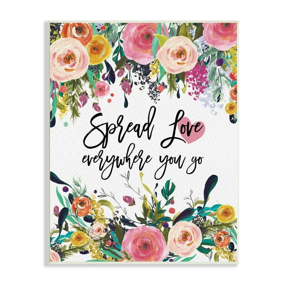 Stupell Industries Spread Love Phrase Pink Floral Blooms Calligraphy Wood Wall Art, 13 x 19, Design by Amy Brinkman