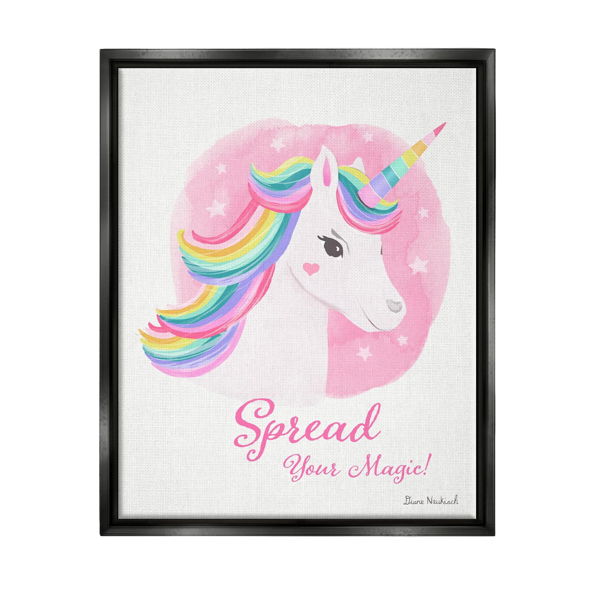 Stupell Industries Spread Your Magic Fantasy Rainbow Unicorn Mane Graphic Art Jet Black Floating Framed Canvas Print Wall Art, Design by Diane Neukirch