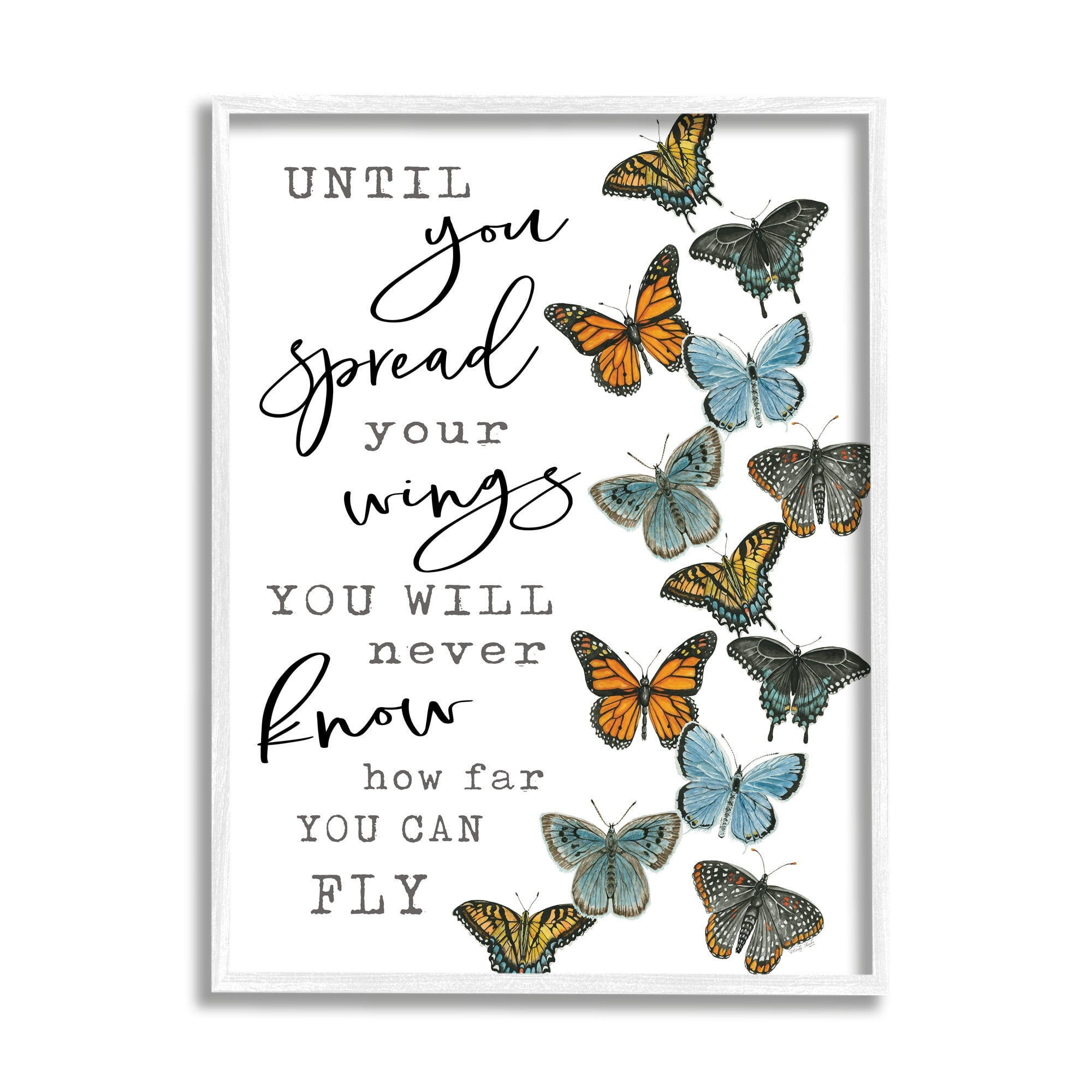 Stupell Industries Spread Your Wings Encouraging Butterflies Motivational Quote Graphic Art White Framed Art Print Wall Art, Design by Cindy Jacobs