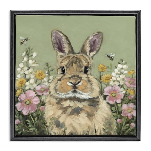 Stupell Industries Spring Abloom Rabbit Black Framed Floater Canvas Wall Art, design by Sara G. Designs
