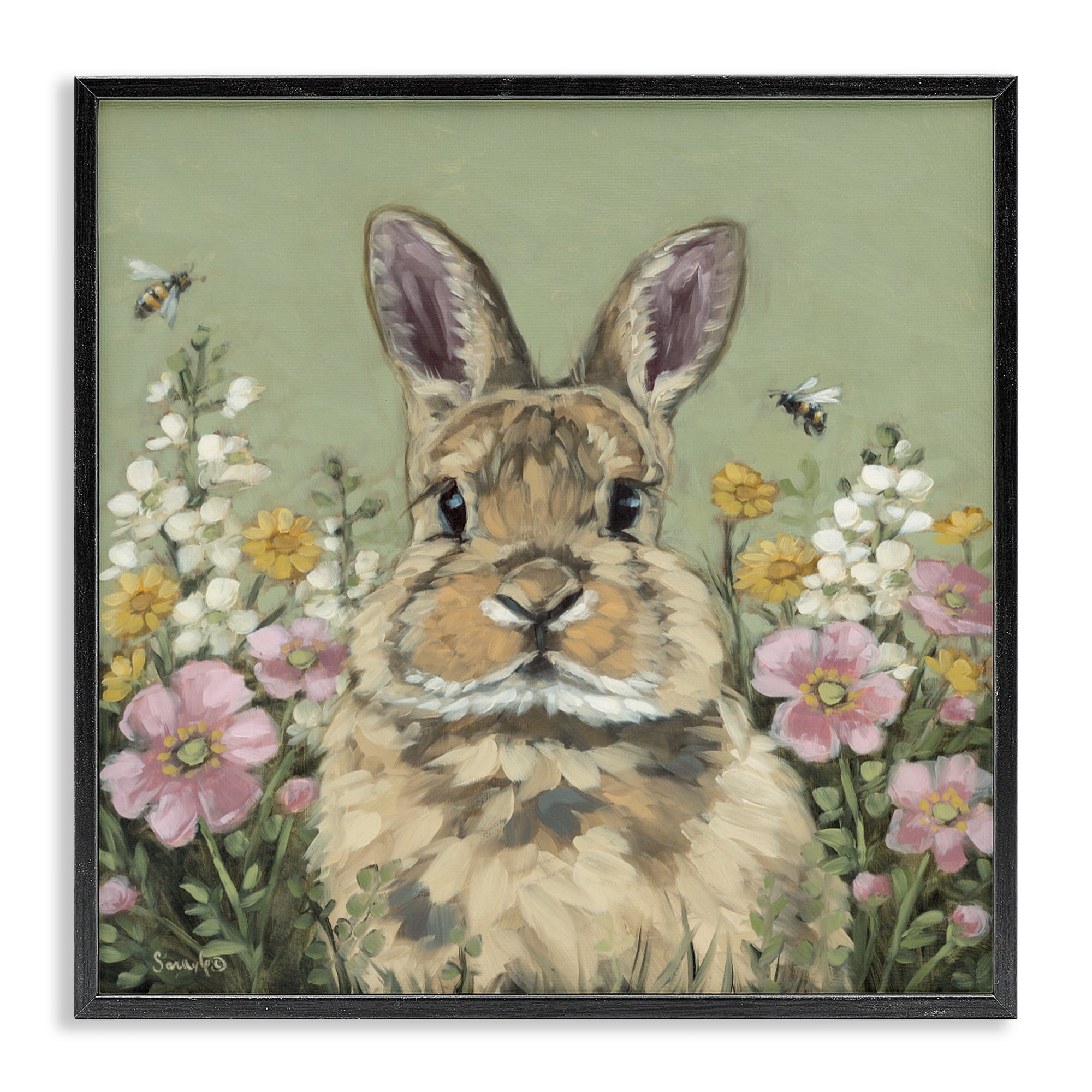 Stupell Industries Spring Abloom Rabbit Black Framed Giclee Art, design by Sara G. Designs