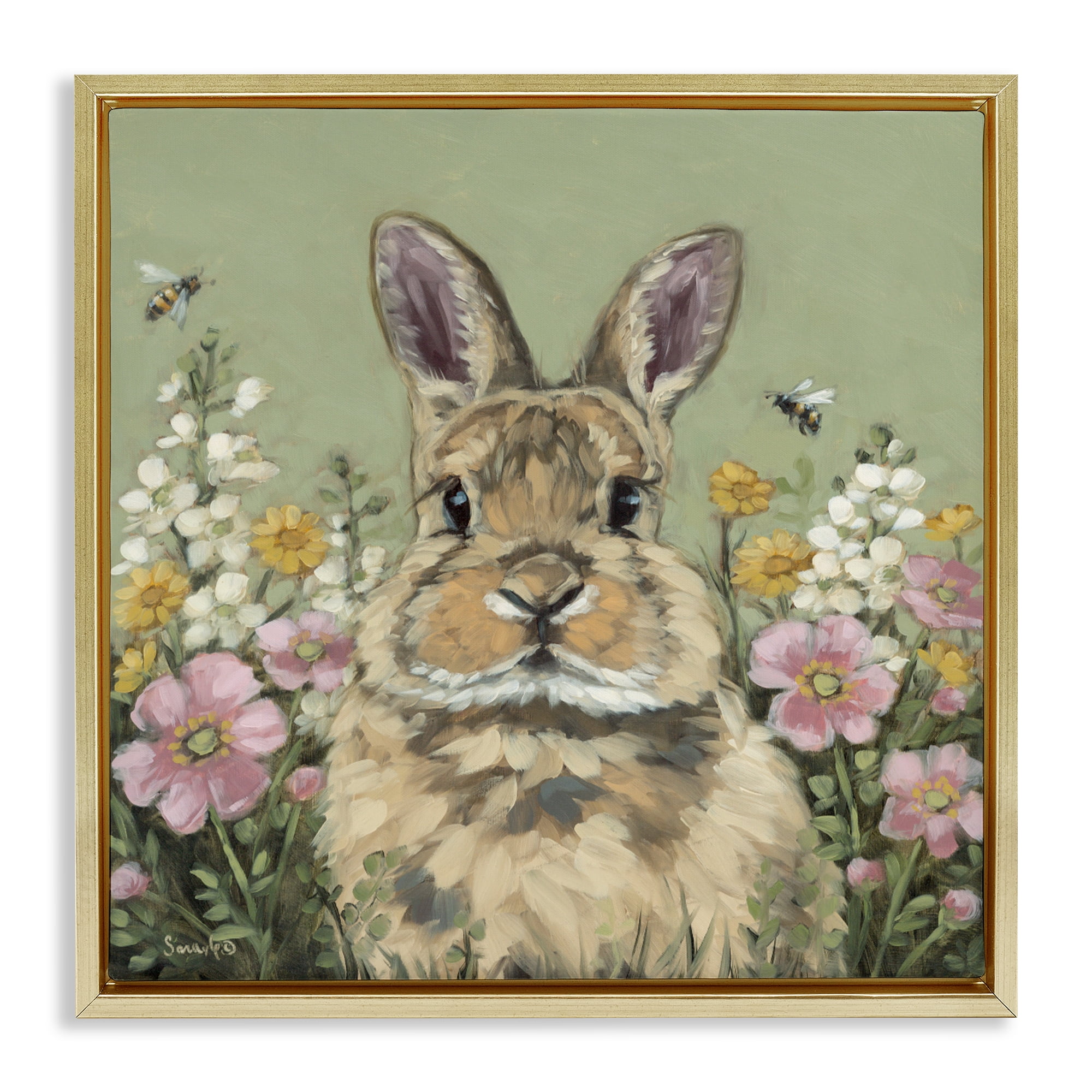 Stupell Industries Spring Abloom Rabbit Gold Framed Floater Canvas Wall Art, design by Sara G. Designs