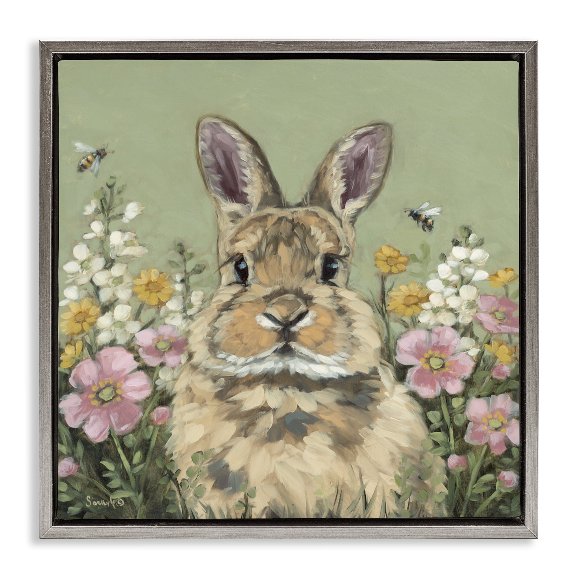 Stupell Industries Spring Abloom Rabbit Gray Framed Floater Canvas Wall Art, design by Sara G. Designs