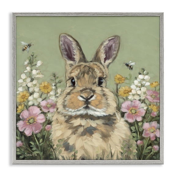 Stupell Industries Spring Abloom Rabbit Gray Framed Giclee Art, design by Sara G. Designs