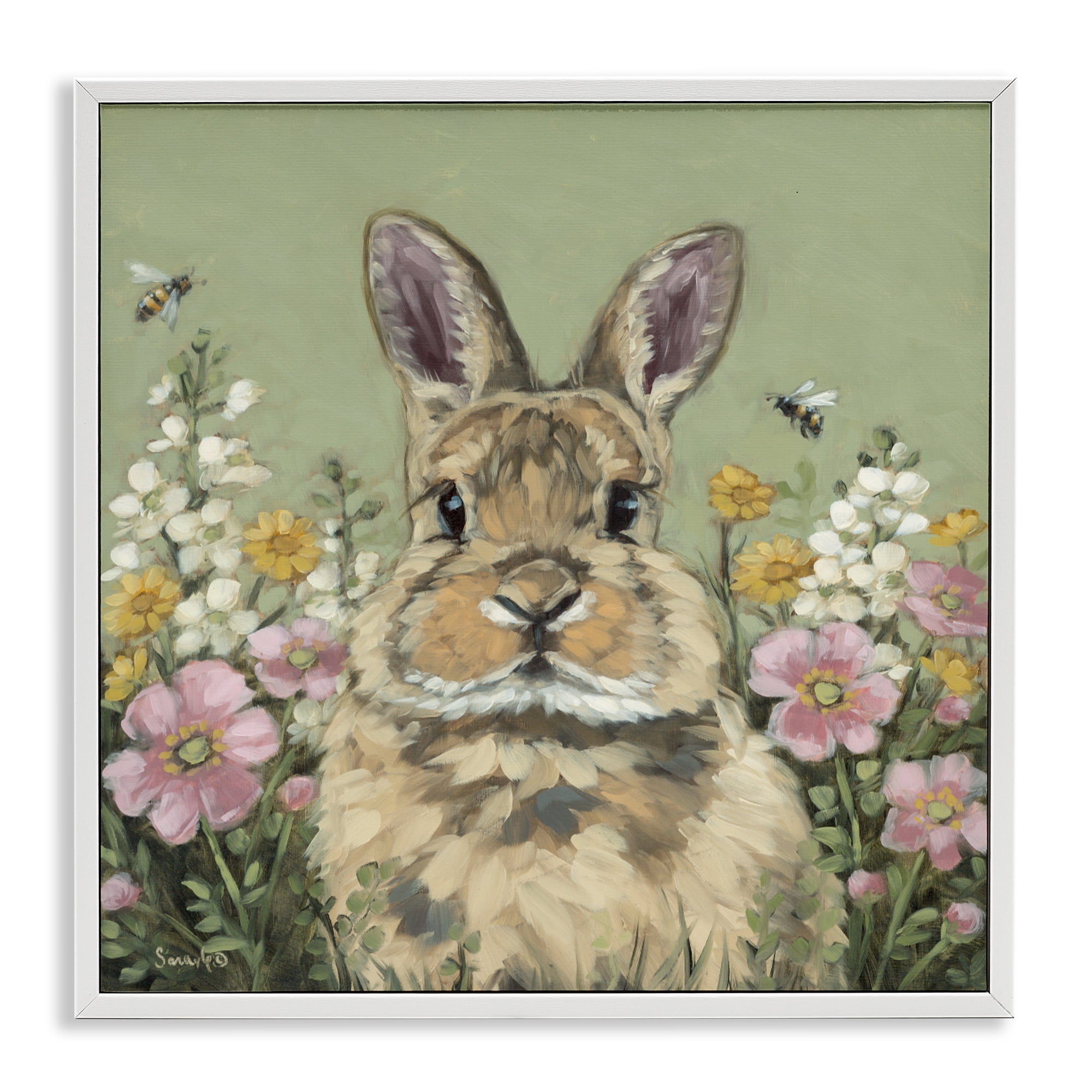 Stupell Industries Spring Abloom Rabbit White Framed Giclee Art, design by Sara G. Designs
