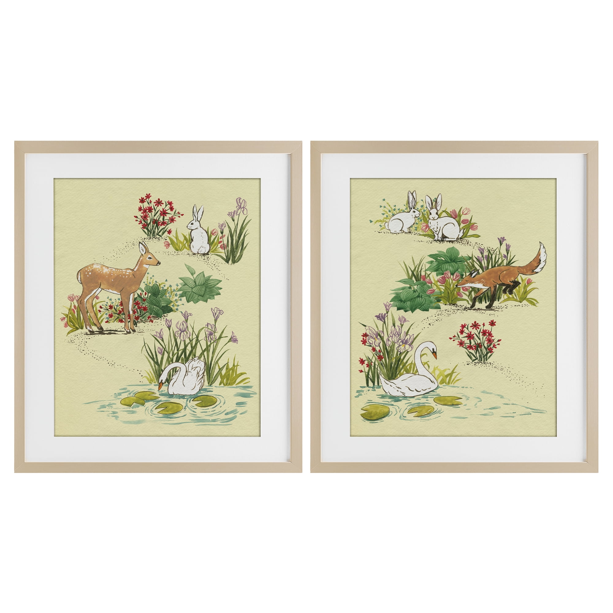 Stupell Industries Spring Animals in Nature 2 Piece Birch Framed Print Under Glass Set, design by Grace Popp