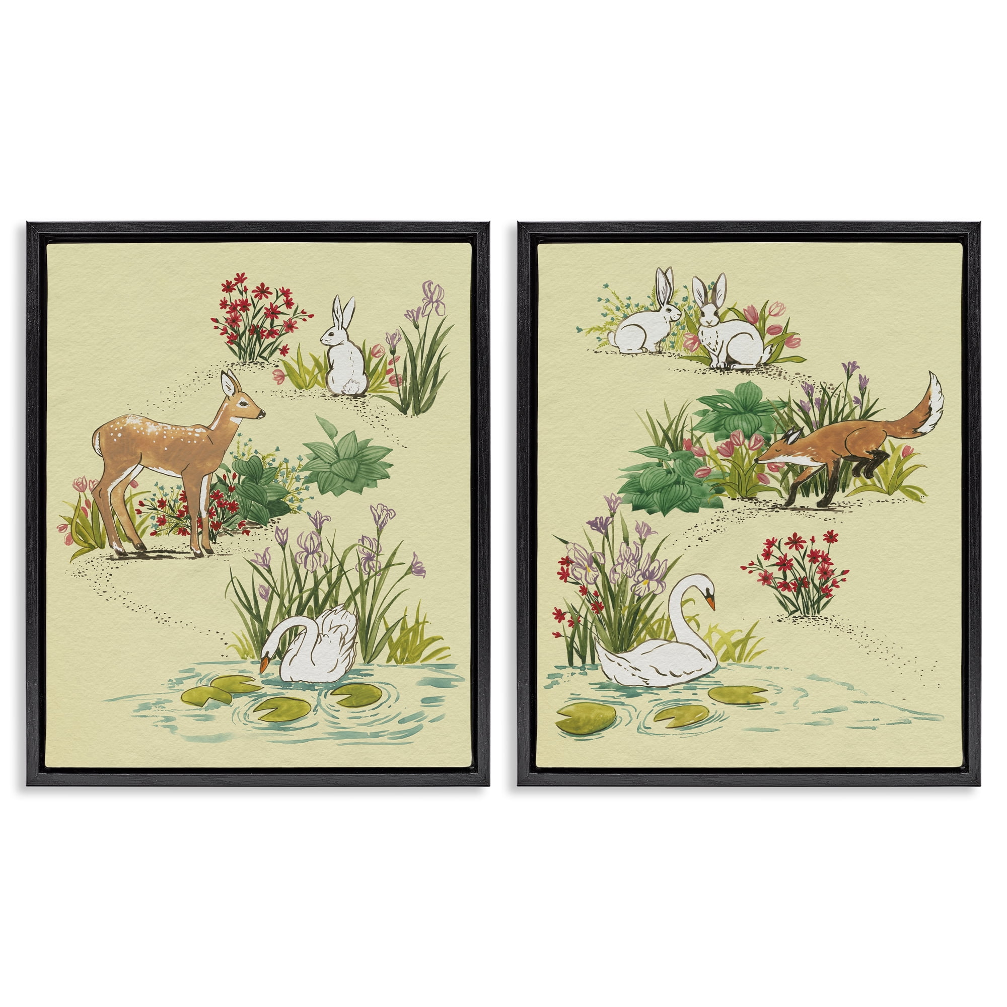 Stupell Industries Spring Animals in Nature 2 Piece Black Framed Floater Canvas Set, design by Grace Popp