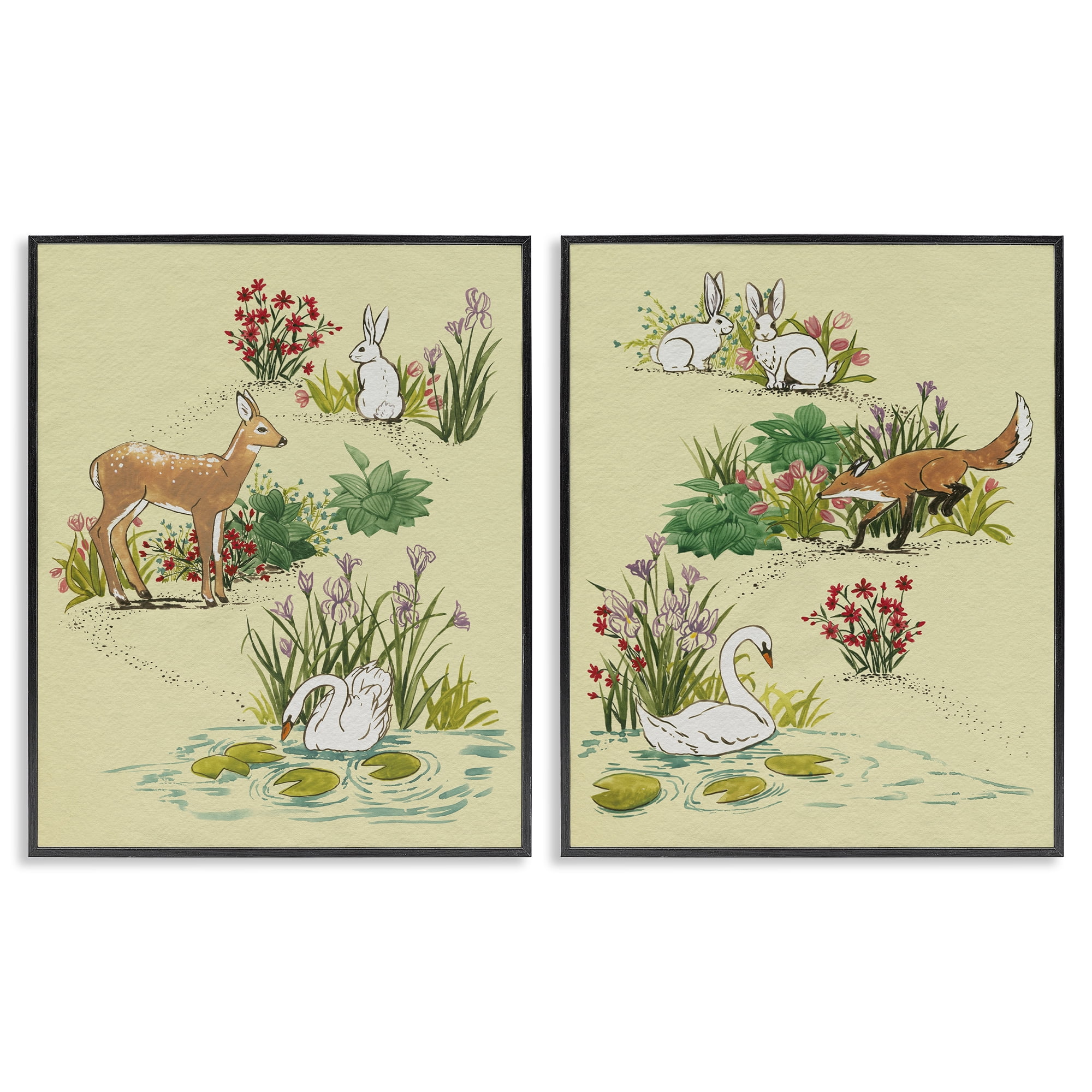 Stupell Industries Spring Animals in Nature 2 Piece Black Framed Giclee Art Set, design by Grace Popp