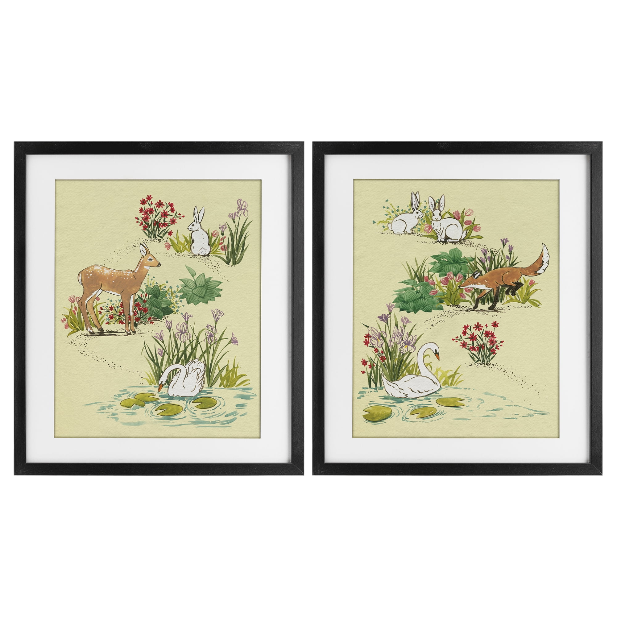 Stupell Industries Spring Animals in Nature 2 Piece Black Framed Print Under Glass Set, design by Grace Popp