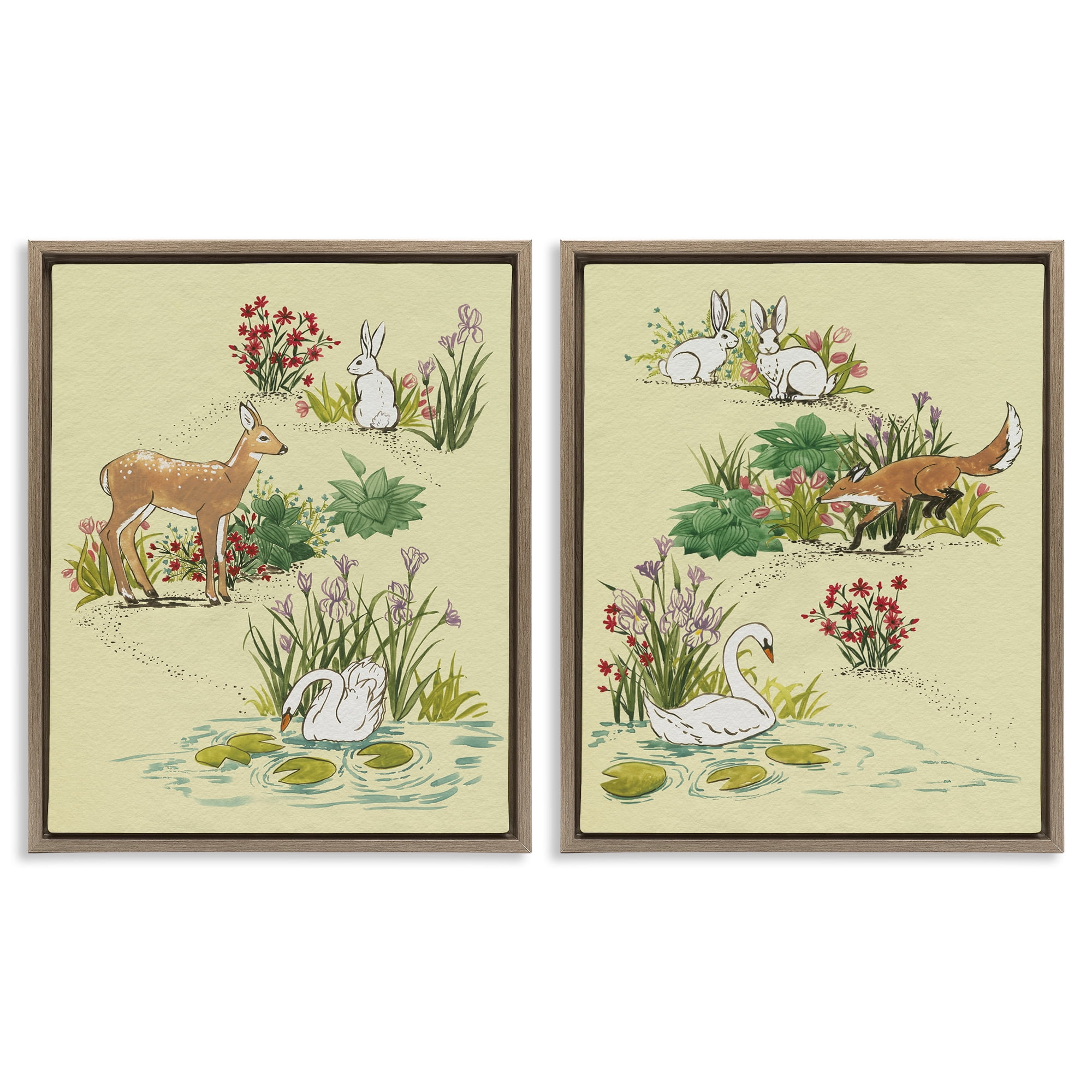 Stupell Industries Spring Animals in Nature 2 Piece Brown Framed Floater Canvas Set, design by Grace Popp