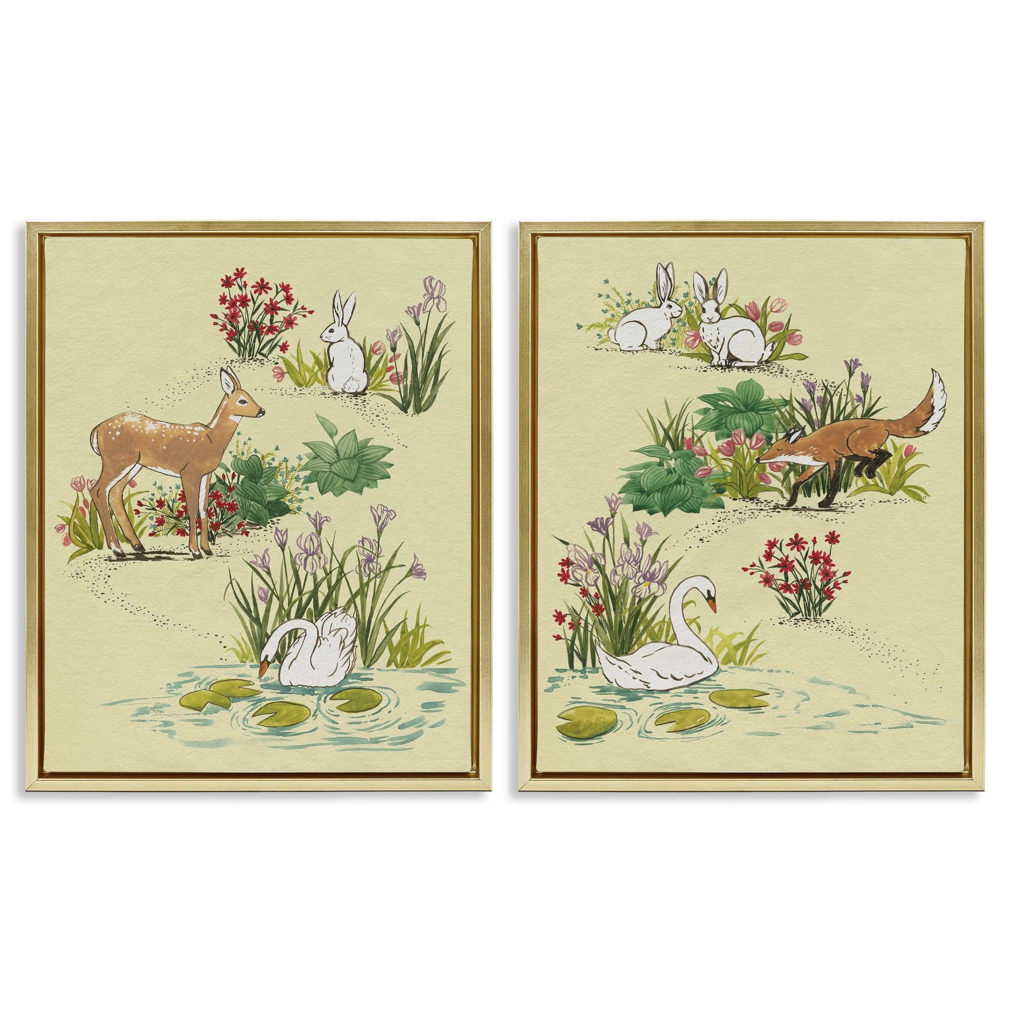 Stupell Industries Spring Animals in Nature 2 Piece Gold Framed Floater Canvas Set, design by Grace Popp