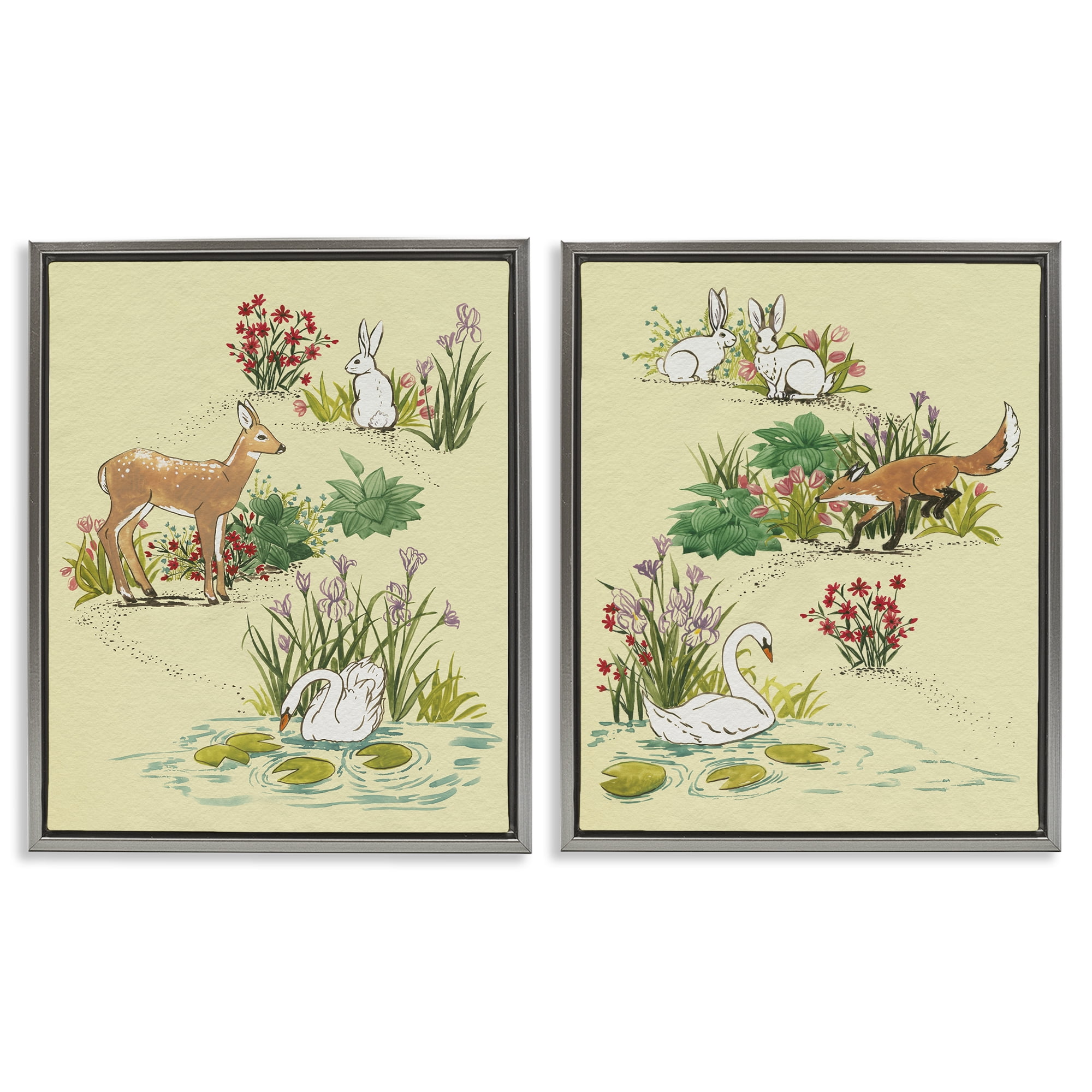 Stupell Industries Spring Animals in Nature 2 Piece Gray Framed Floater Canvas Set, design by Grace Popp