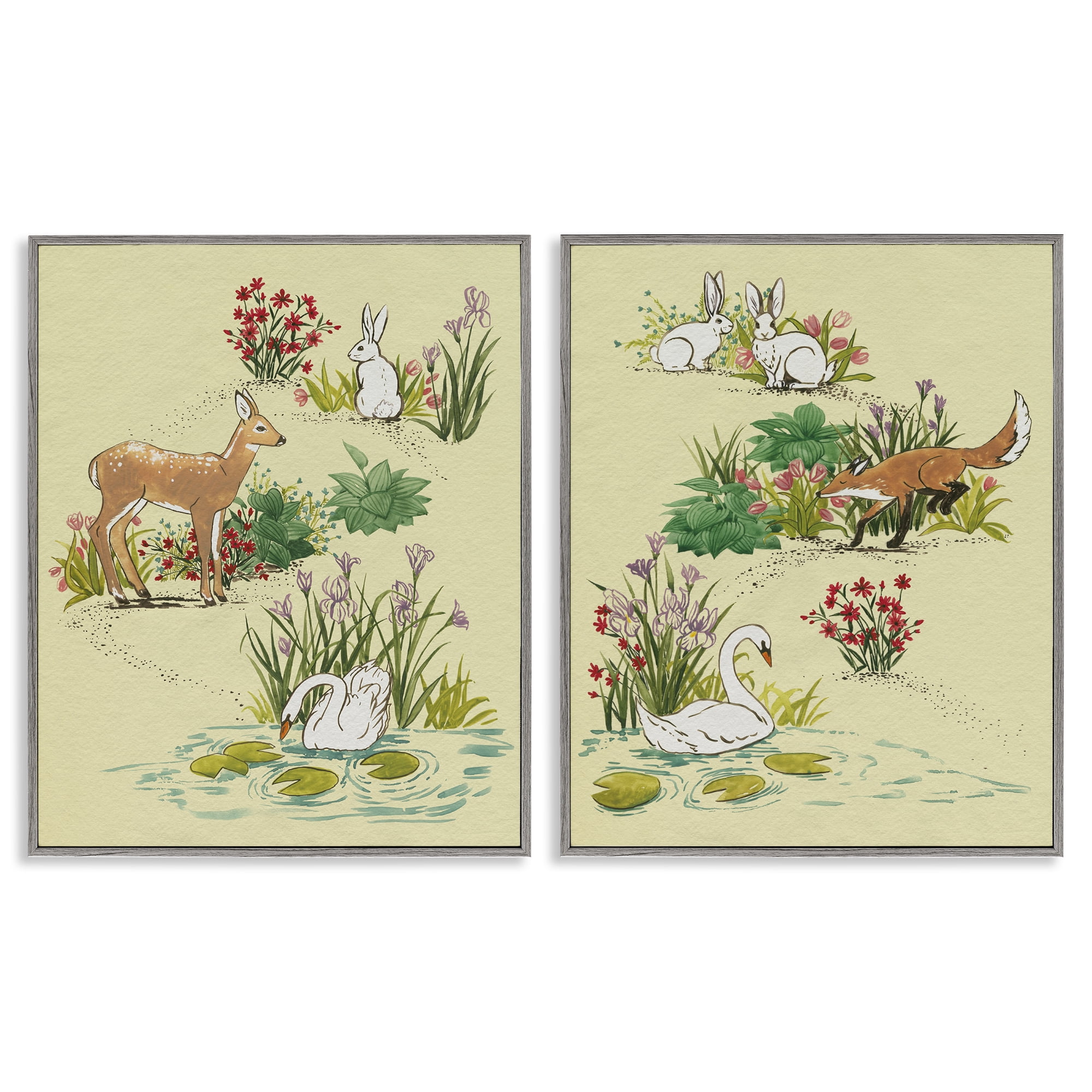 Stupell Industries Spring Animals in Nature 2 Piece Gray Framed Giclee Art Set, design by Grace Popp