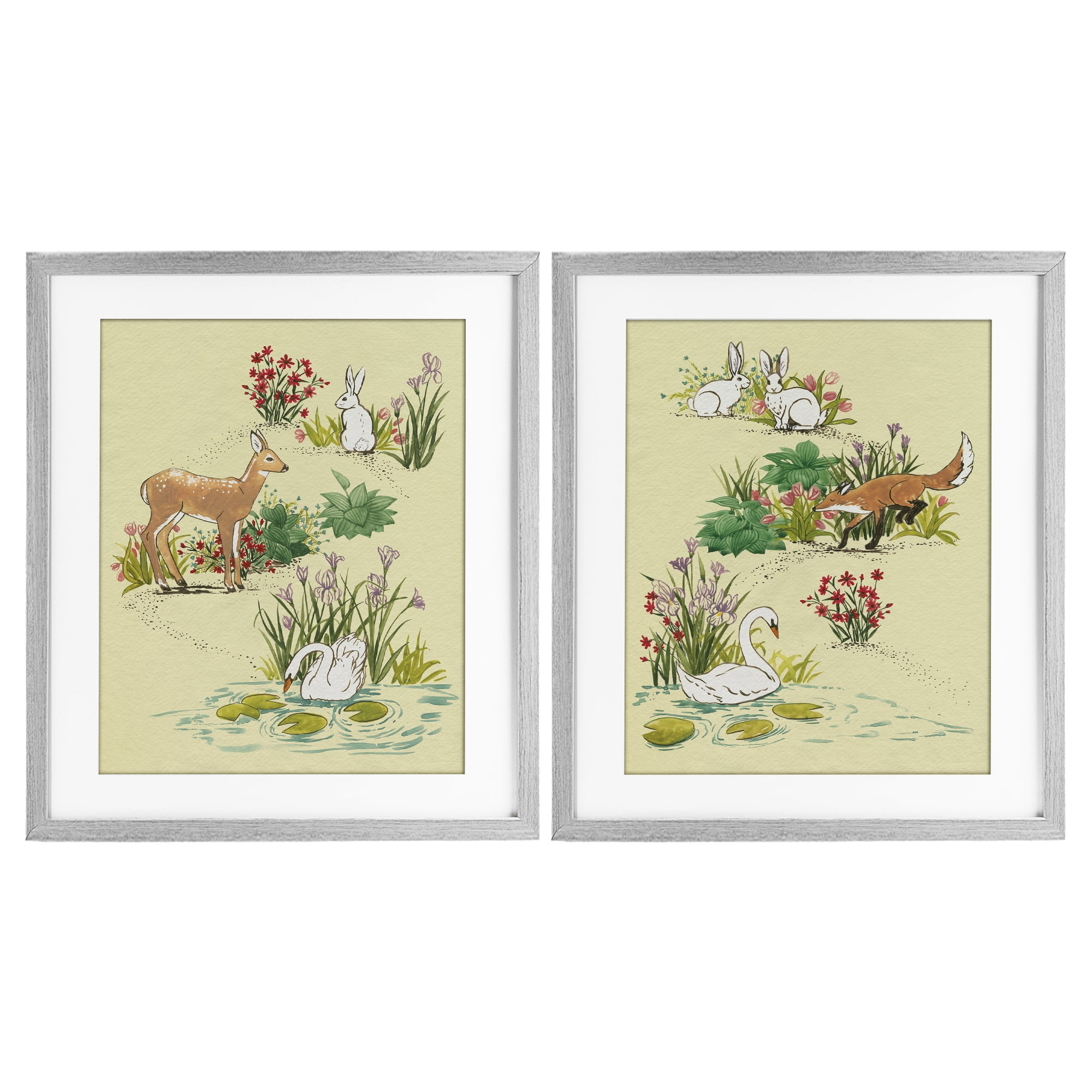 Stupell Industries Spring Animals in Nature 2 Piece Gray Framed Print Under Glass Set, design by Grace Popp
