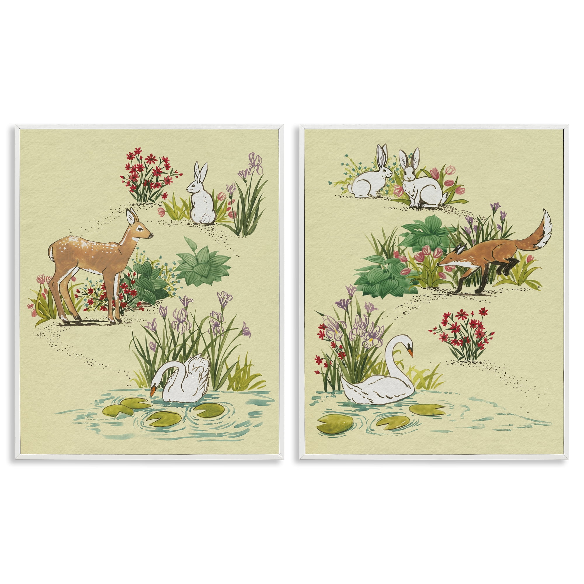 Stupell Industries Spring Animals in Nature 2 Piece White Framed Giclee Art Set, design by Grace Popp