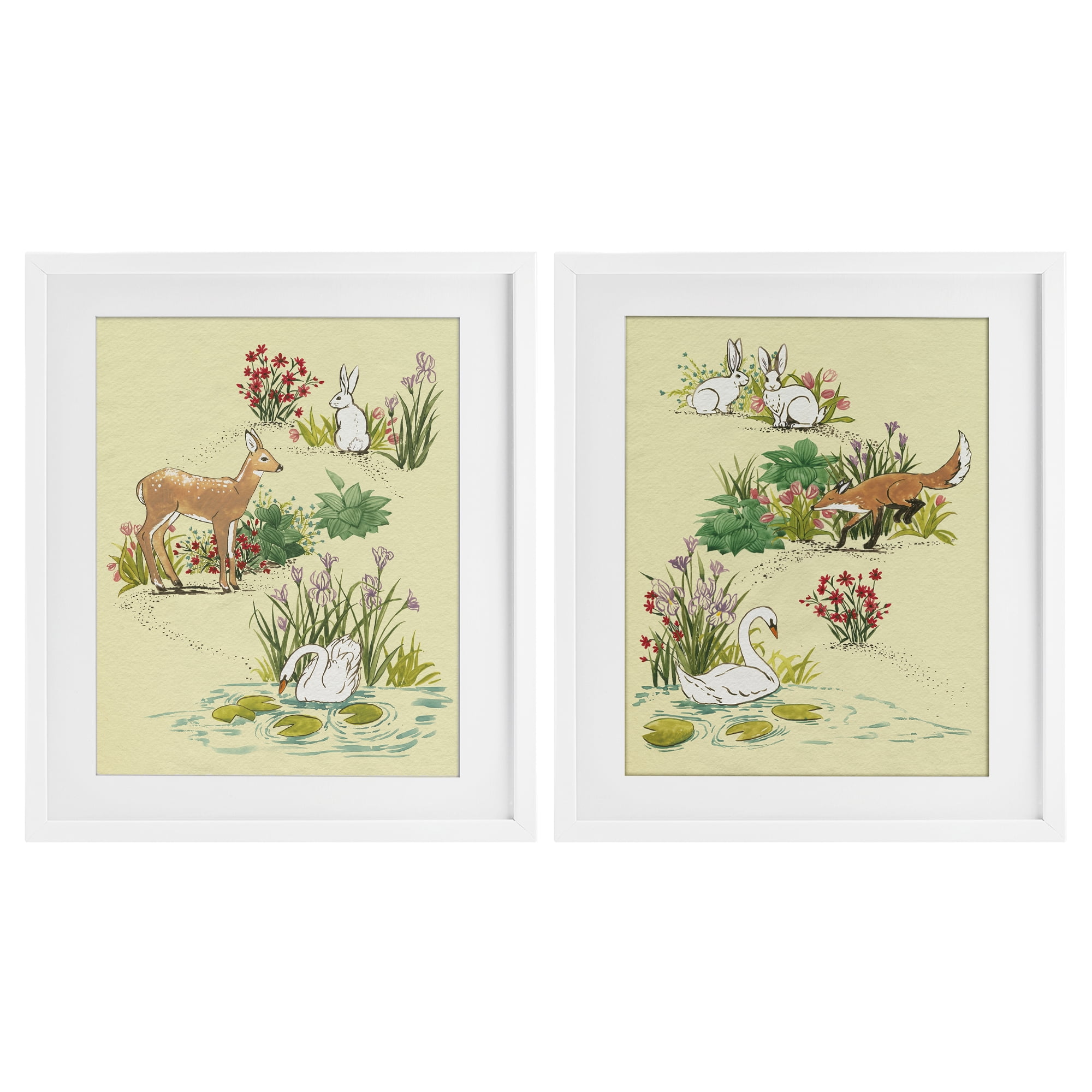 Stupell Industries Spring Animals in Nature 2 Piece White Framed Print Under Glass Set, design by Grace Popp