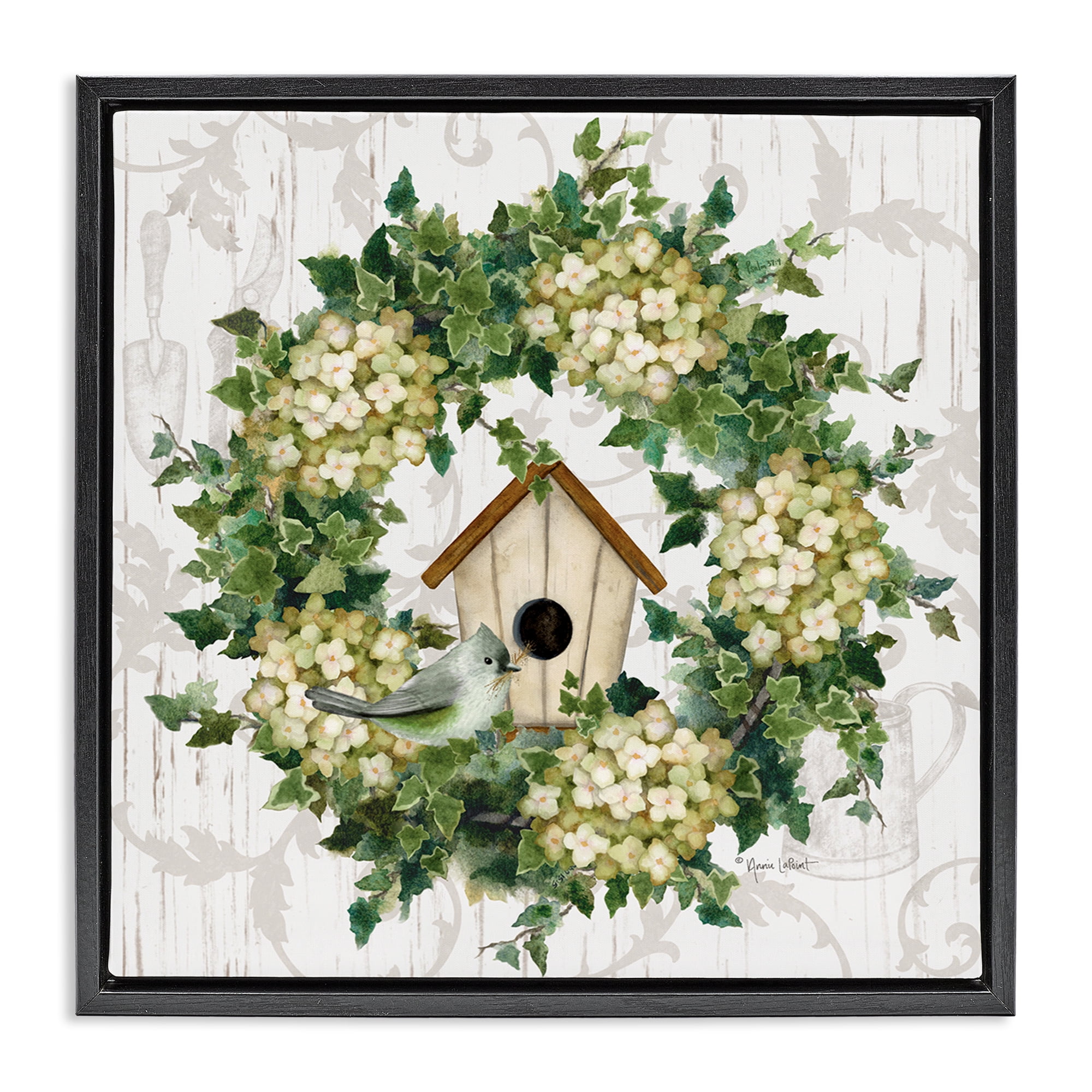 Stupell Industries Spring Birdhouse Wreath Botanical & Floral Painting Black Floater Framed Canvas Art Print Wall Art, 25 x 25