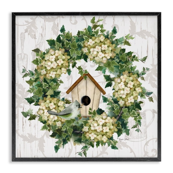 Stupell Industries Spring Birdhouse Wreath Botanical & Floral Painting Black Framed Art Print Wall Art, 12 x 12