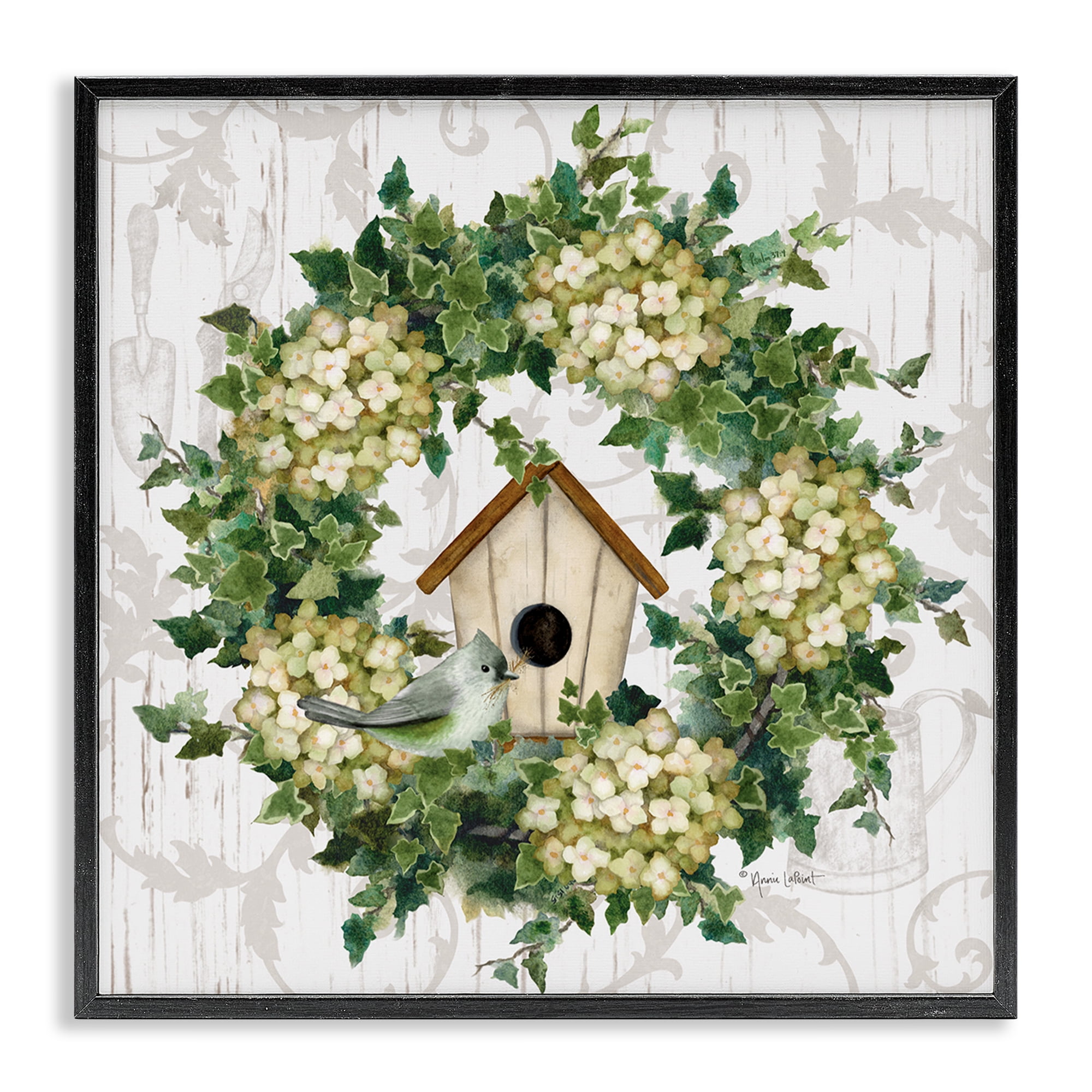 Stupell Industries Spring Birdhouse Wreath Botanical & Floral Painting Black Framed Art Print Wall Art, 24 x 24