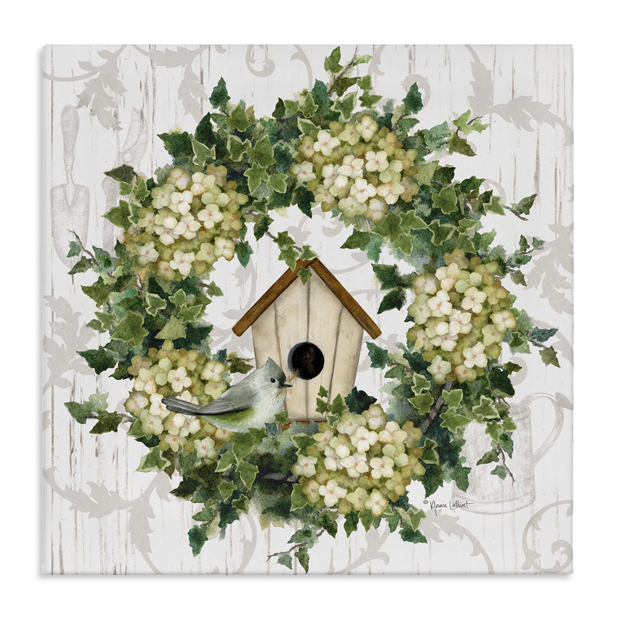 Stupell Industries Spring Birdhouse Wreath Botanical & Floral Painting Gallery Wrapped Canvas Art Print Wall Art, 30 x 30
