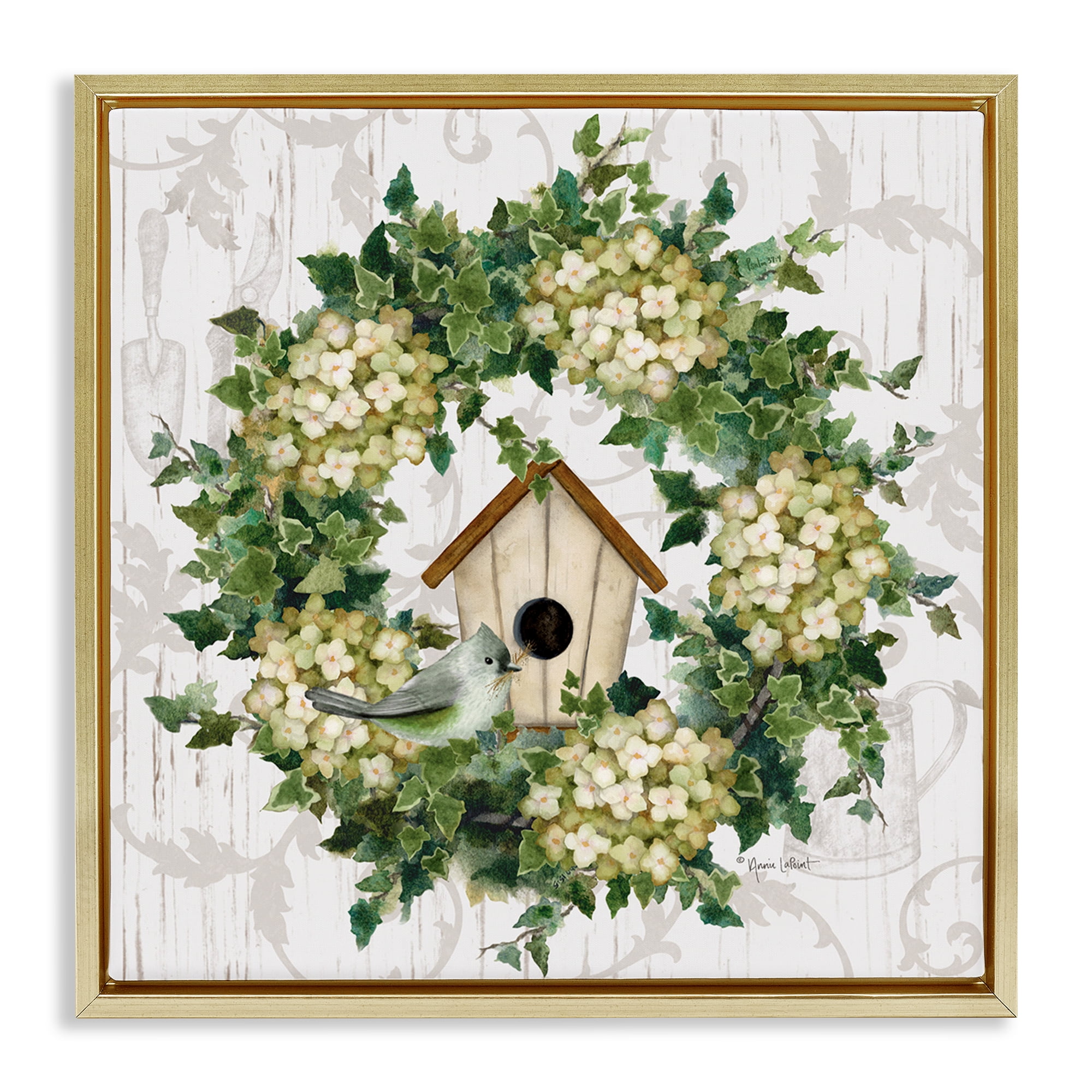 Stupell Industries Spring Birdhouse Wreath Botanical & Floral Painting Gold Floater Framed Canvas Art Print Wall Art, 18 x 18