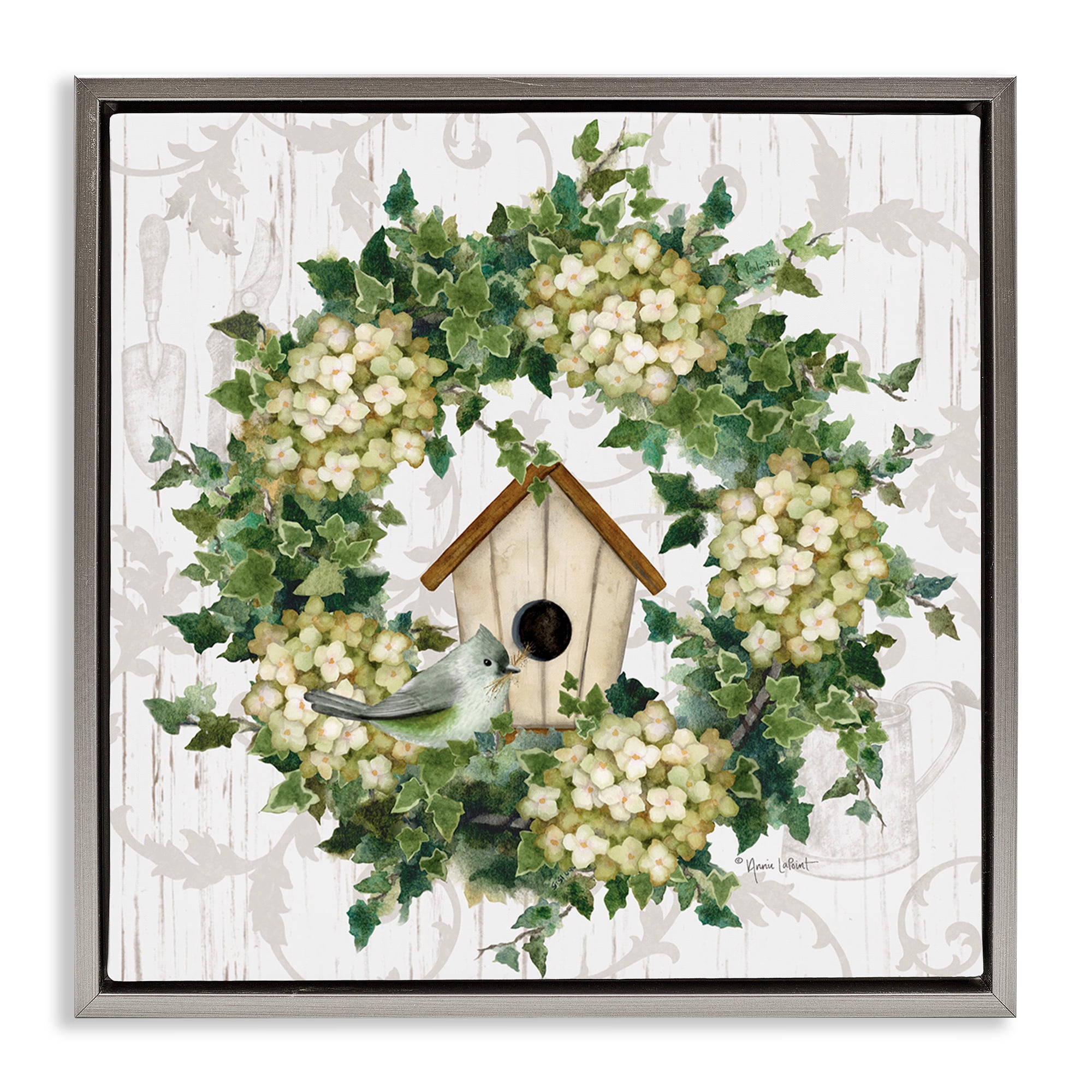 Stupell Industries Spring Birdhouse Wreath Botanical & Floral Painting Gray Floater Framed Canvas Art Print Wall Art, 18 x 18