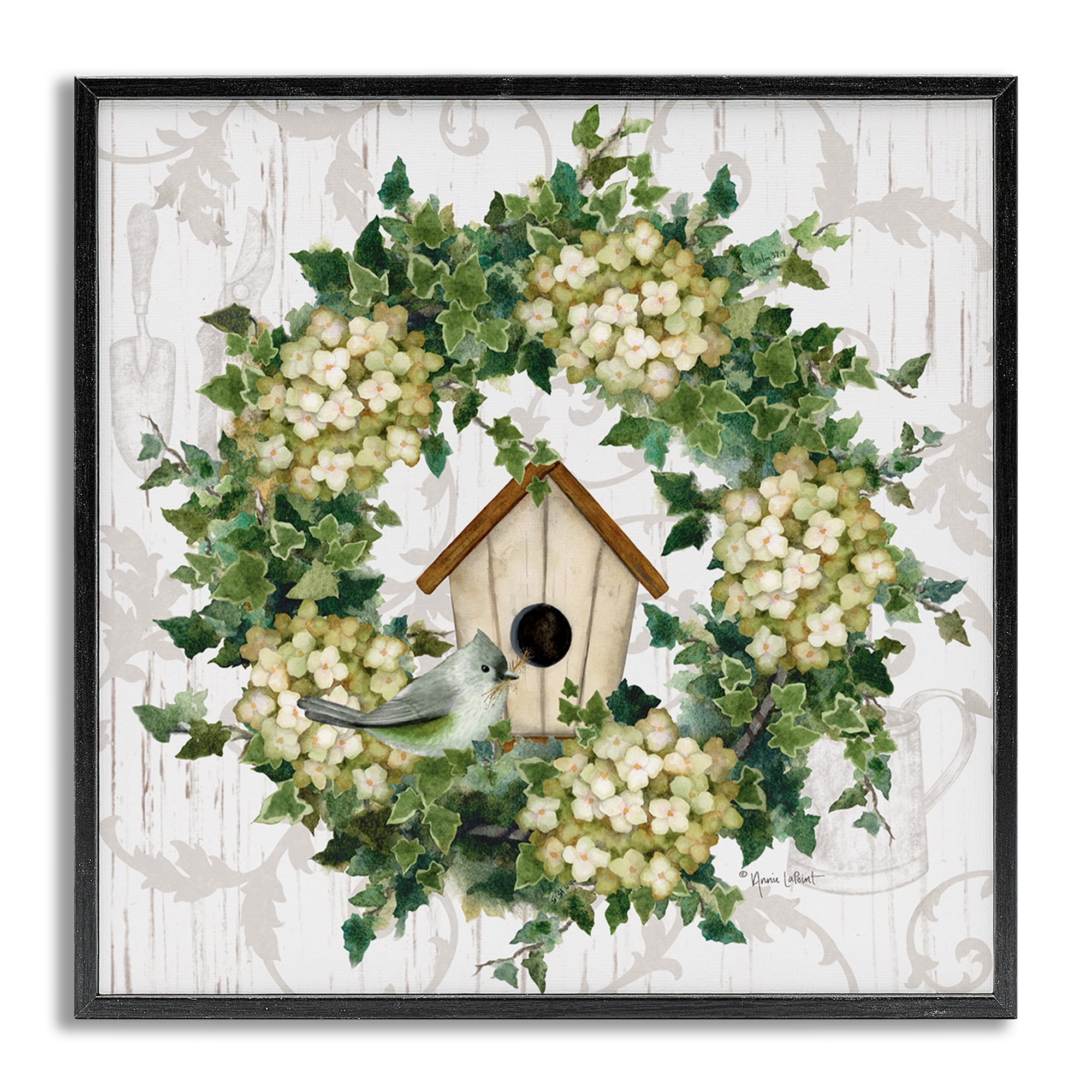 Stupell Industries Spring Birdhouse Wreath Botanical & Floral Painting Gray Framed Art Print Wall Art, 24 x 24