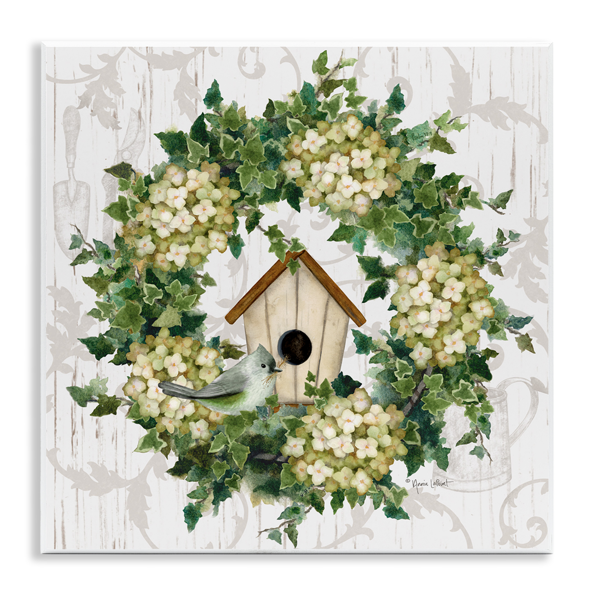 Stupell Industries Spring Birdhouse Wreath Botanical & Floral Painting Unframed Art Print Wall Art, 12 x 12