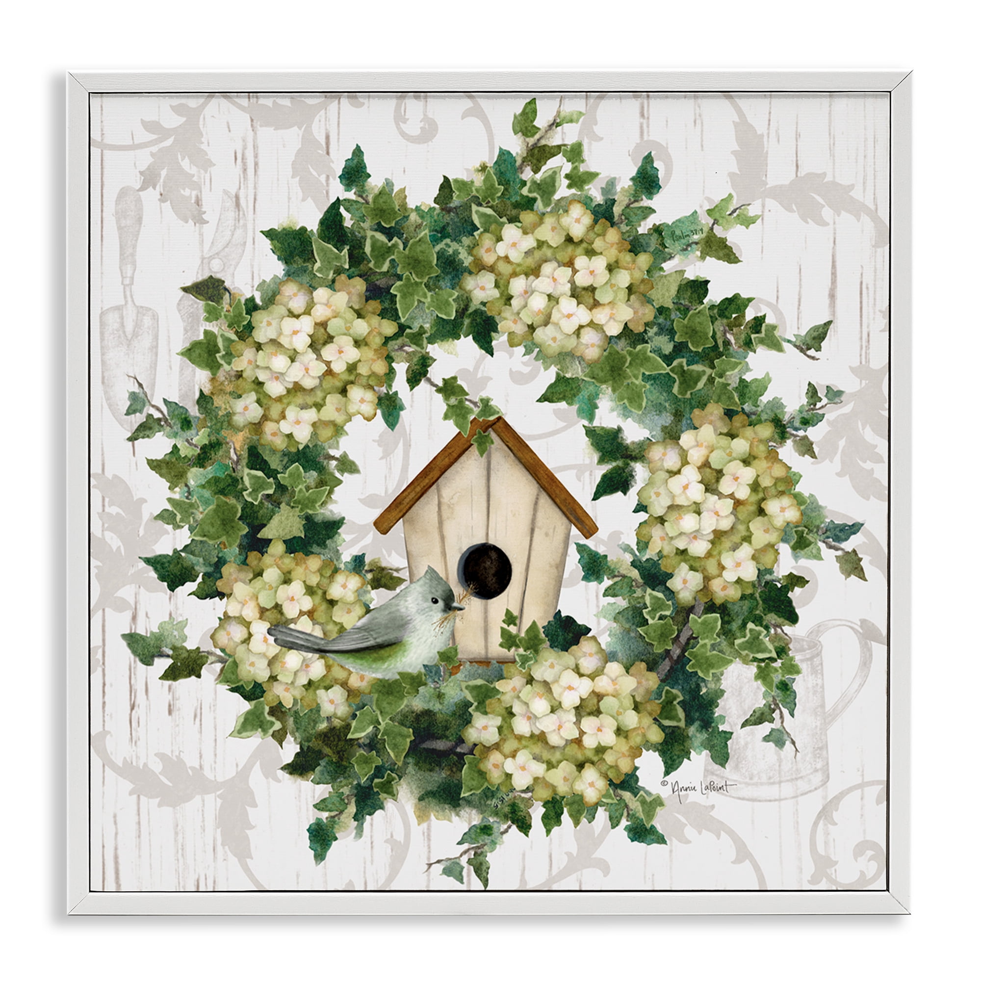 Stupell Industries Spring Birdhouse Wreath Botanical & Floral Painting White Framed Art Print Wall Art, 24 x 24