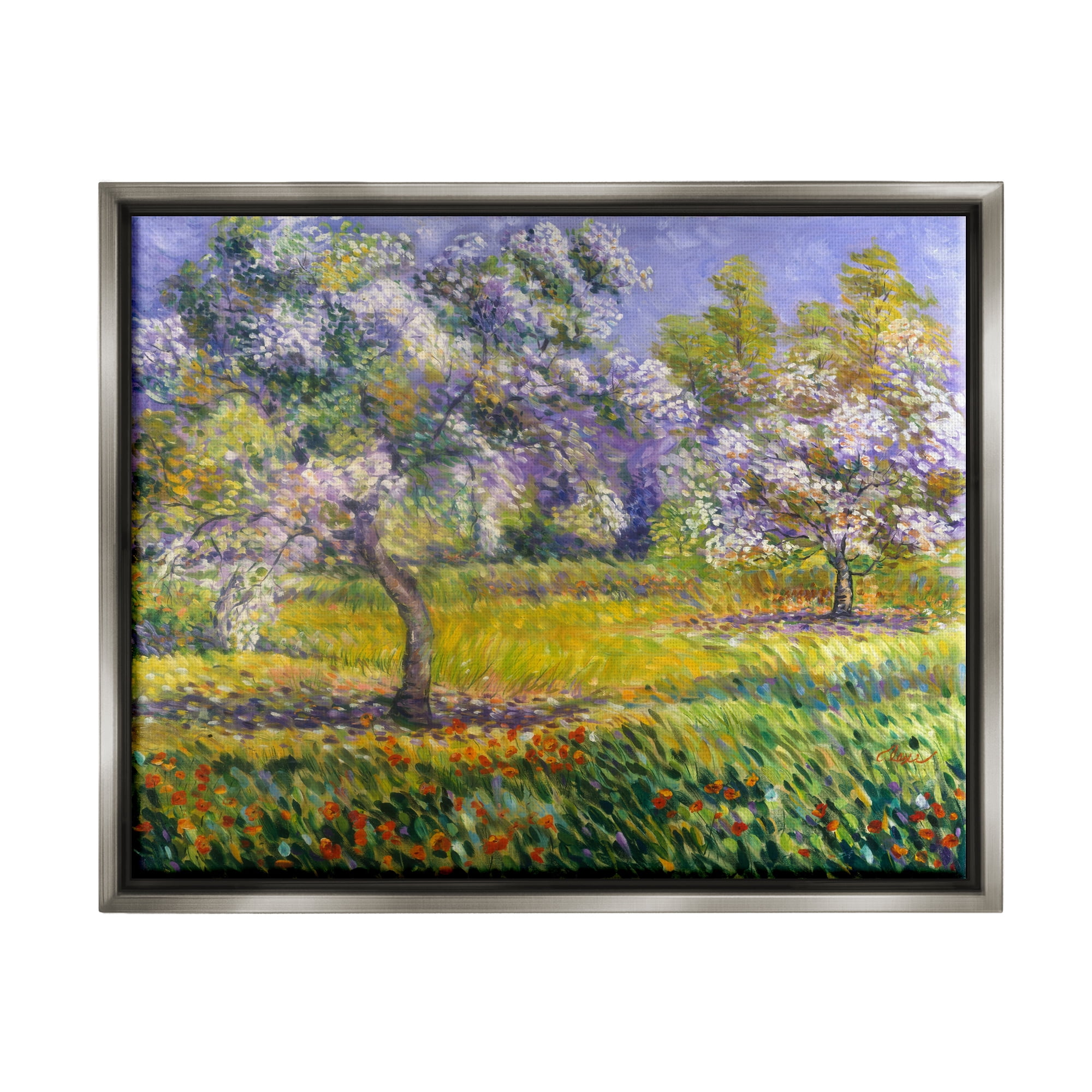 Stupell Industries Spring Blooming Trees Landscape Painting Gray Floater Framed Canvas Art Print Wall Art, 31 x 25