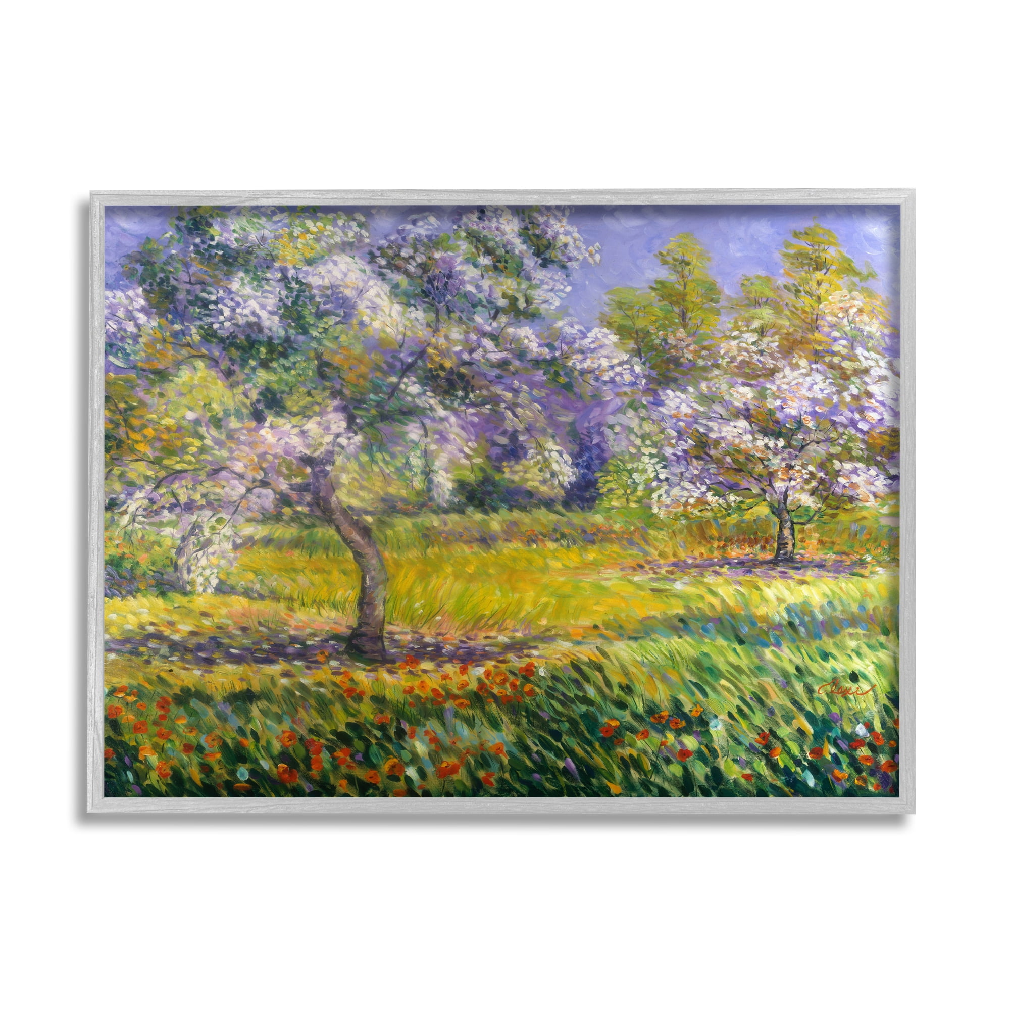 Stupell Industries Spring Blooming Trees Landscape Painting Gray Framed Art Print Wall Art, 30 x 24