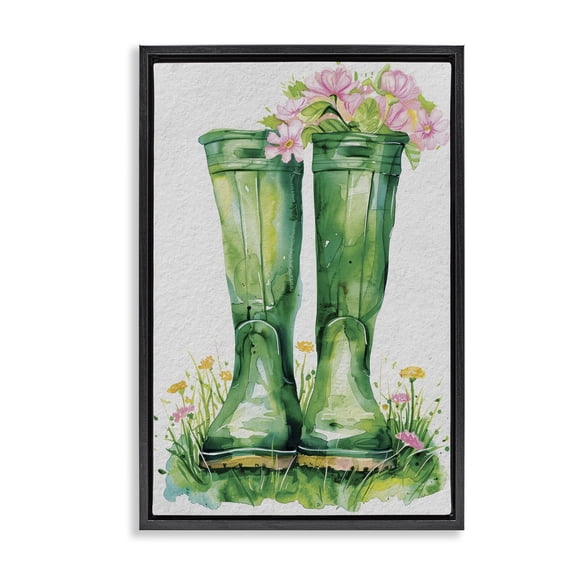 Stupell Industries Spring Blooms Green Rainboots Black Framed Floater Canvas Wall Art design by Daisy A., 25 x 17