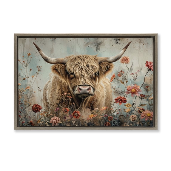 Stupell Industries Farmhouse Spring Blooms Highland Cow Brown Floating Frame Canvas Art, 25 x 17, by LSR Design Studio