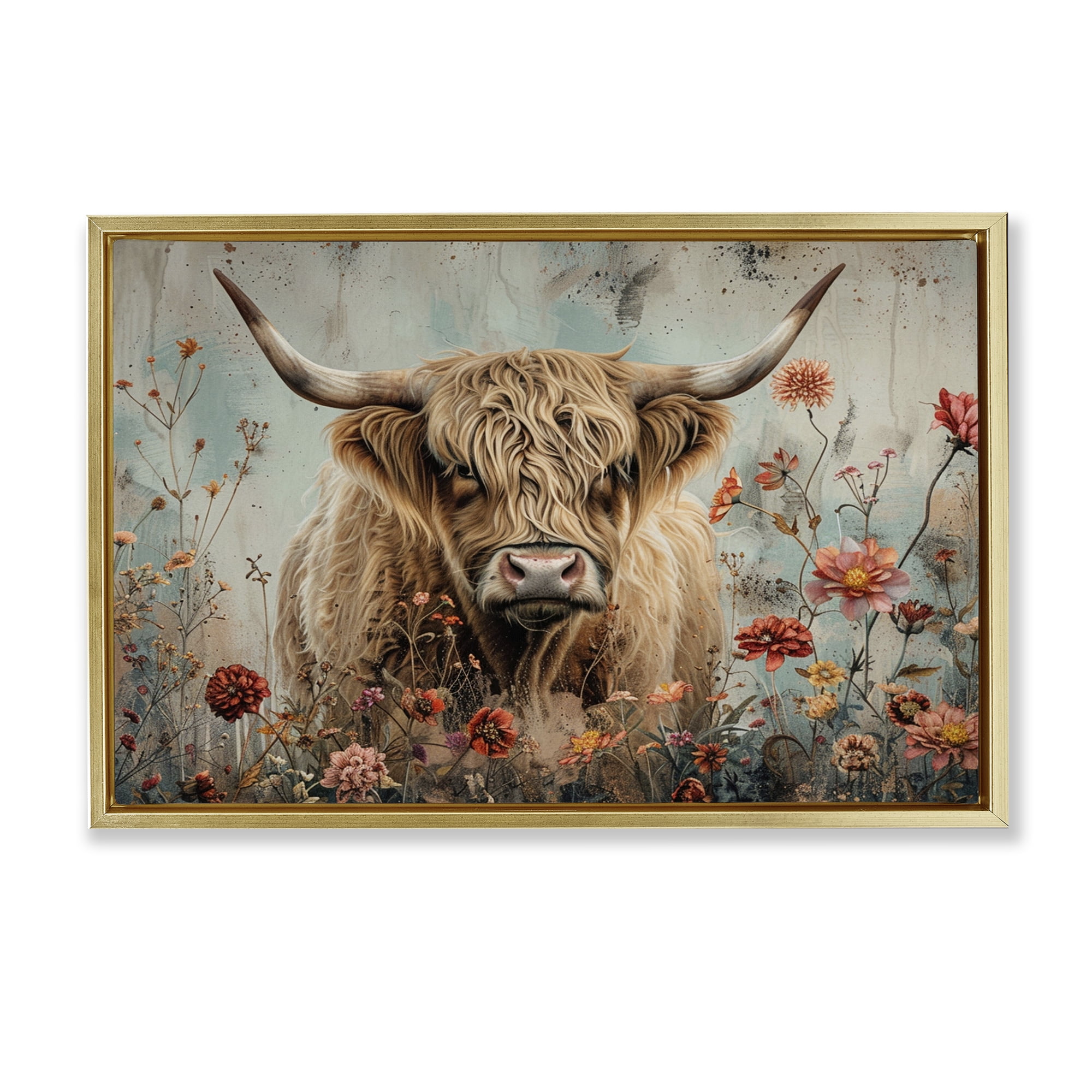 Stupell Industries Spring Blooms Highland Cow Animals Painting Gold Floater Framed Canvas Art Print Wall Art, 31 x 21