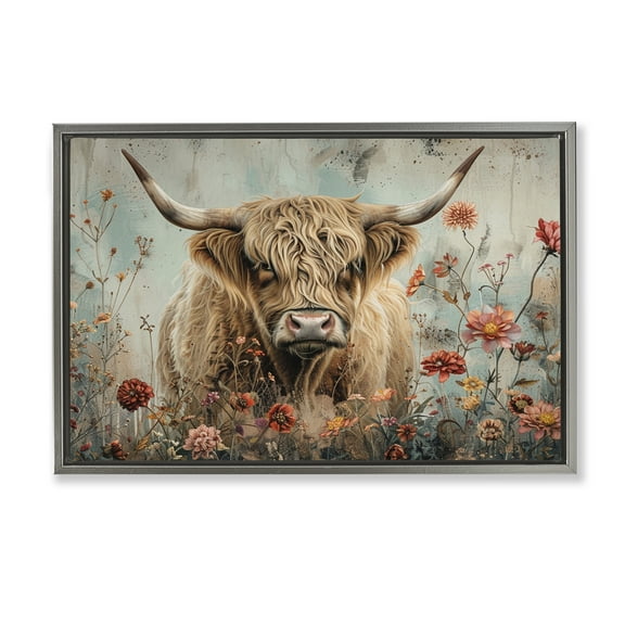Stupell Industries Spring Blooms Highland Cow Animals Painting Gray Floater Framed Canvas Art Print Wall Art, 31 x 21