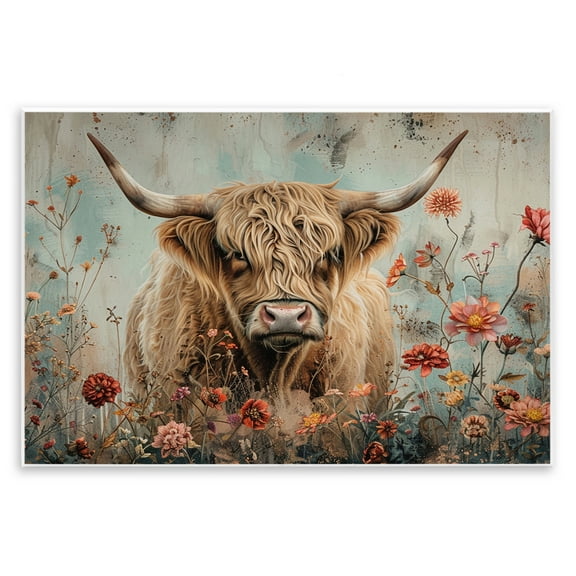 Stupell Industries Spring Blooms Highland Cow Animals Painting Unframed Art Print Wall Art, 15 x 10