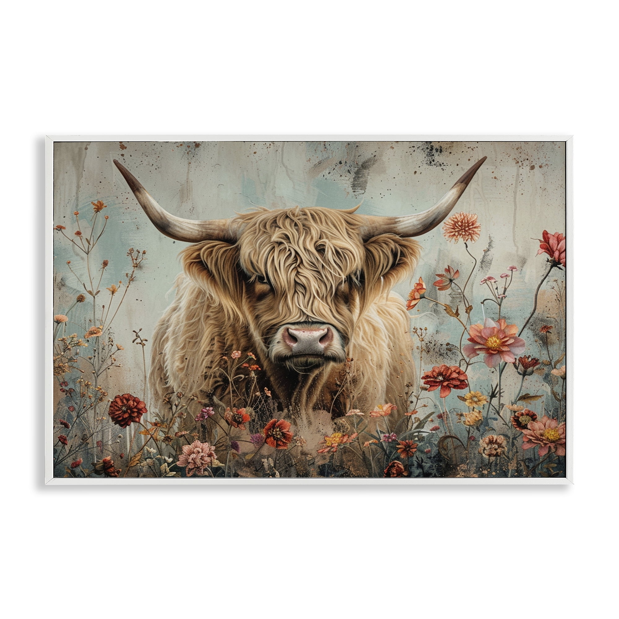 Stupell Industries Spring Blooms Highland Cow Animals Painting White Framed Art Print Wall Art, 30 x 20