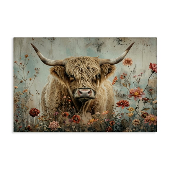Stupell Industries Spring Blooms Highland Cow Animals Painting Wrapped Canvas Art Print Wall Art, 24 x 16