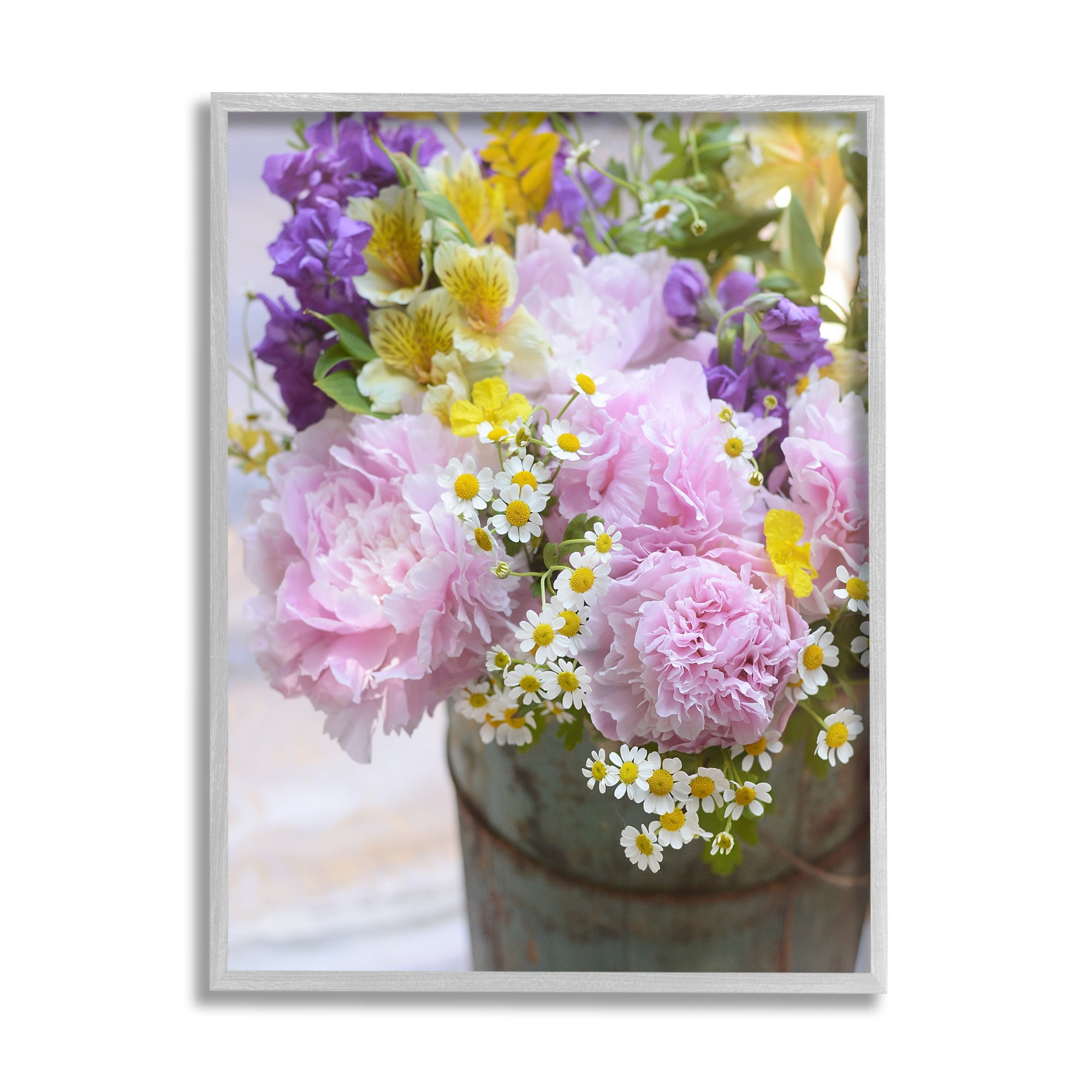 Stupell Industries Spring Blooms in Bucket Botanical & Floral Photography Gray Framed Art Print Wall Art, 11 x 14