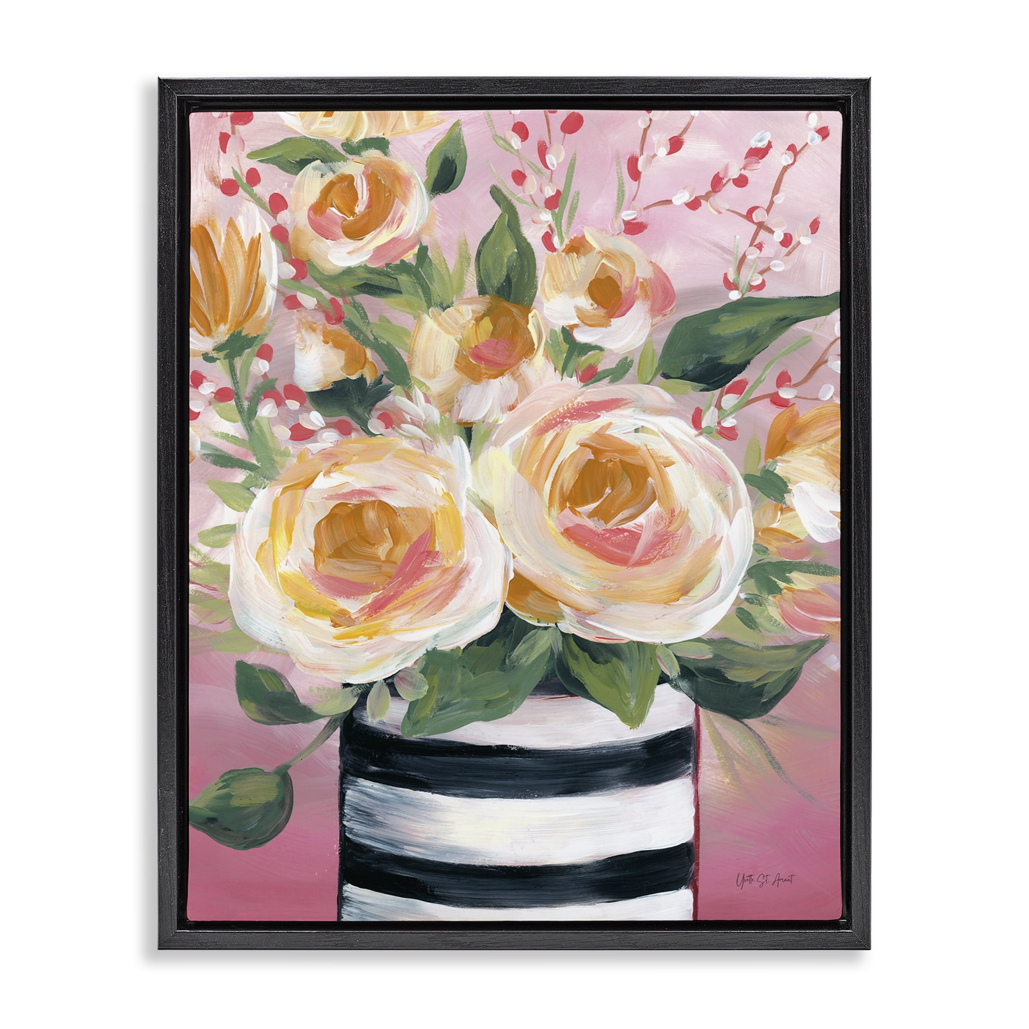 Stupell Industries Spring Blooms in Striped Vase Black Framed Floater Canvas Wall Art, design by Yvette St. Amant