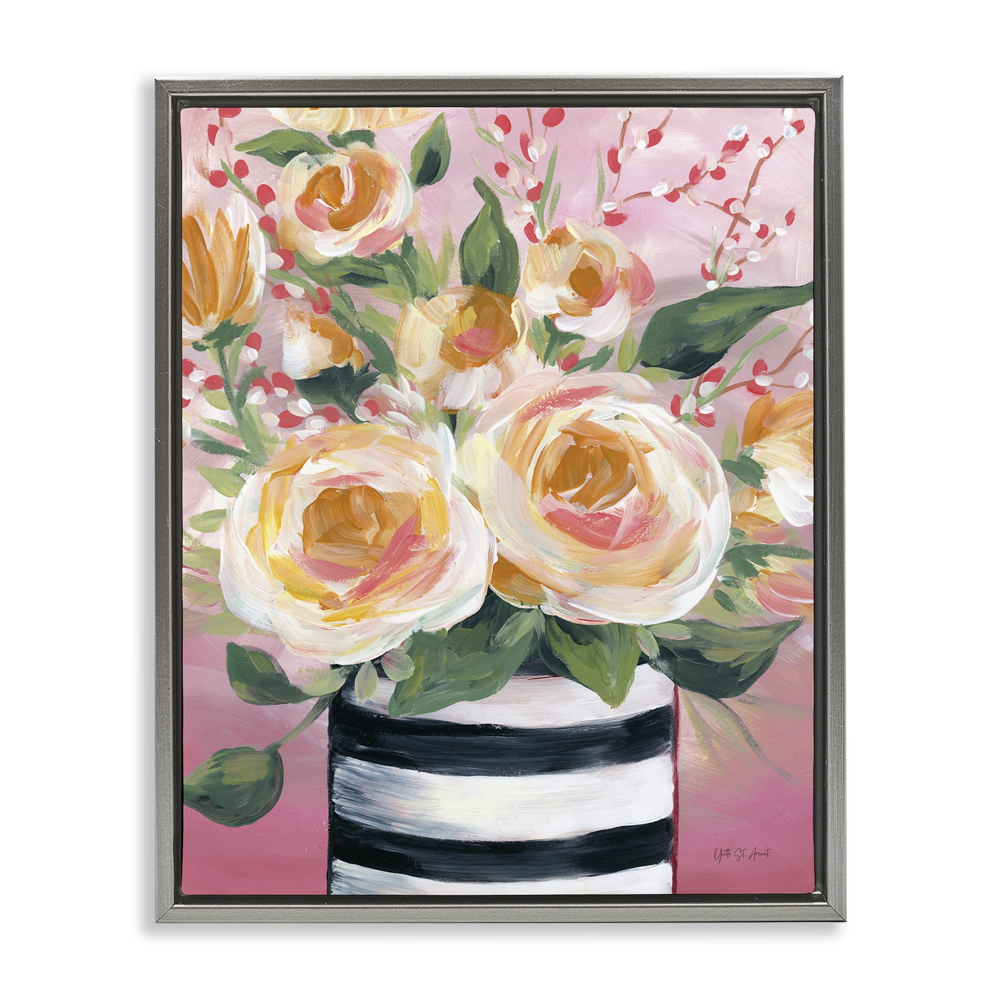 Stupell Industries Spring Blooms in Striped Vase Gray Framed Floater Canvas Wall Art, design by Yvette St. Amant