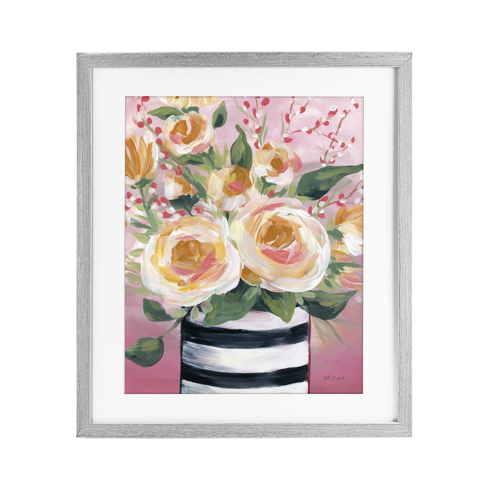 Stupell Industries Spring Blooms in Striped Vase Gray Framed Print Under Glass, design by Yvette St. Amant