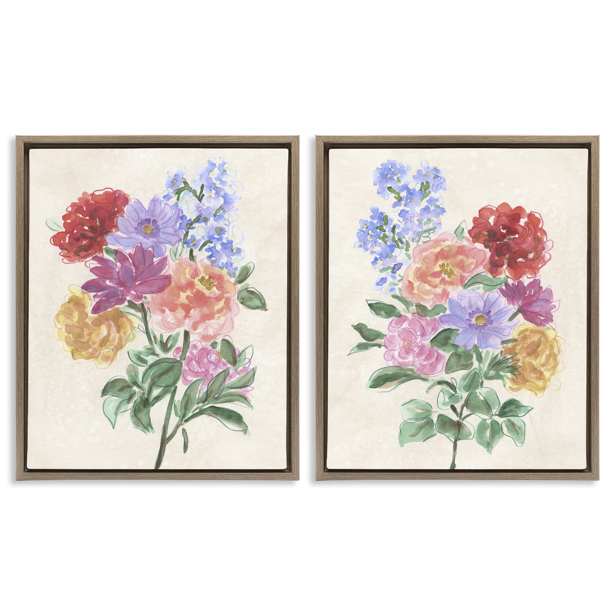 Stupell Industries Spring Blooms on Parchment 2 Piece Brown Framed Floater Canvas Set, design by June Erica Vess