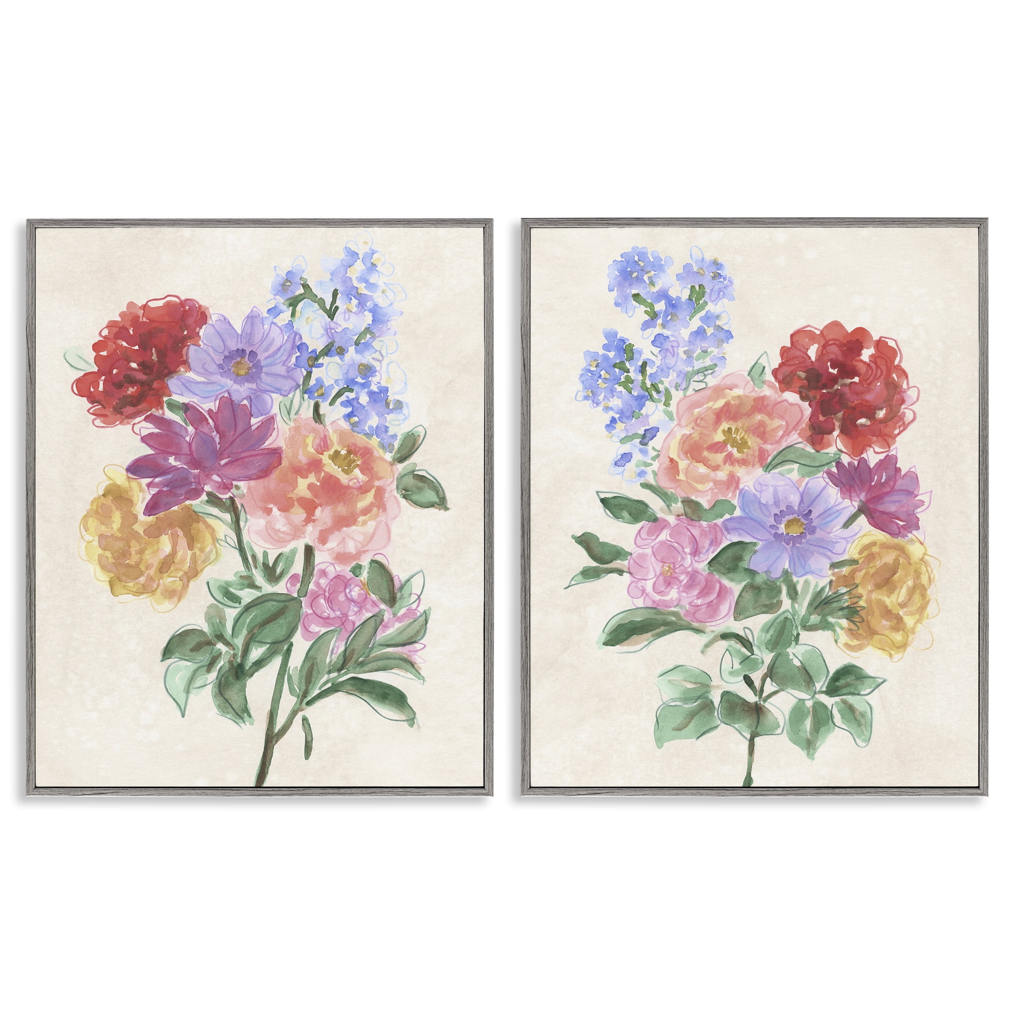 Stupell Industries Spring Blooms on Parchment 2 Piece Gray Framed Giclee Art Set, design by June Erica Vess