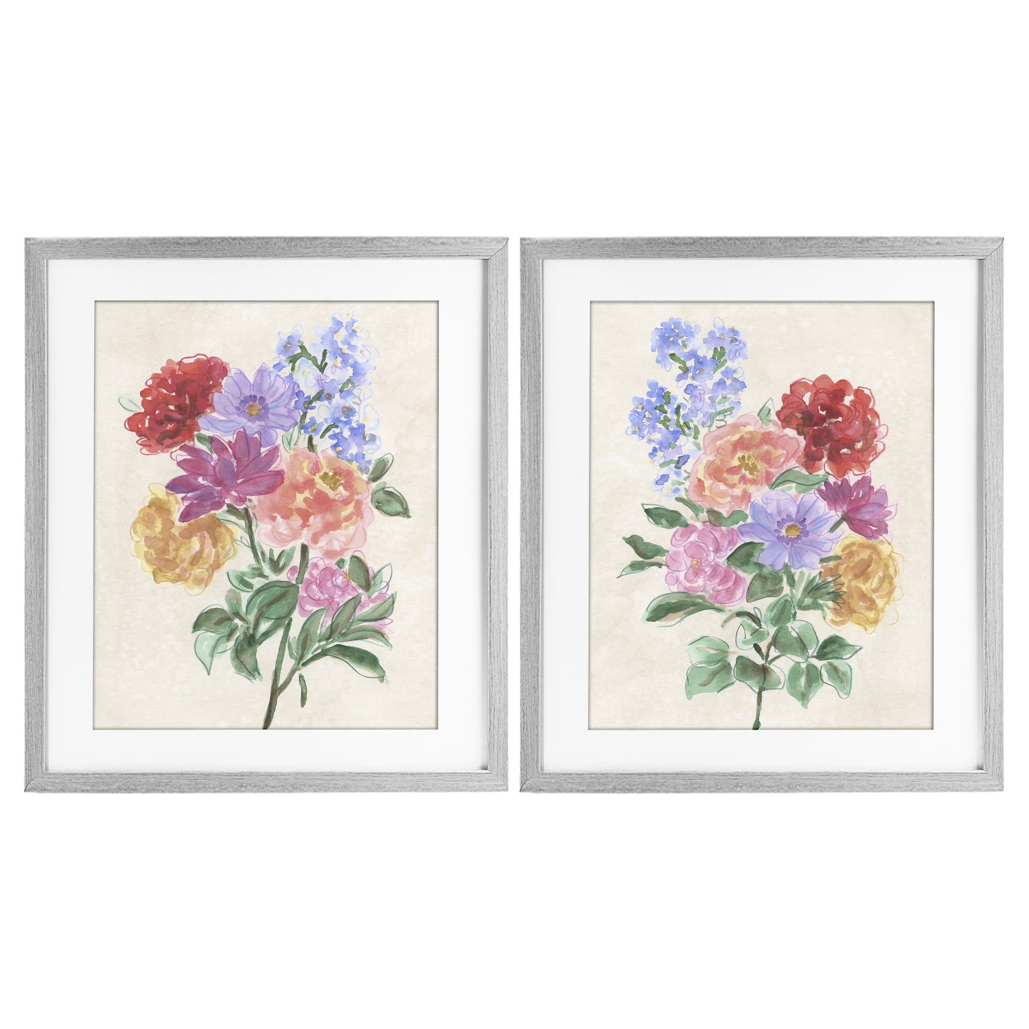Stupell Industries Spring Blooms on Parchment 2 Piece Gray Framed Print Under Glass Set, design by June Erica Vess