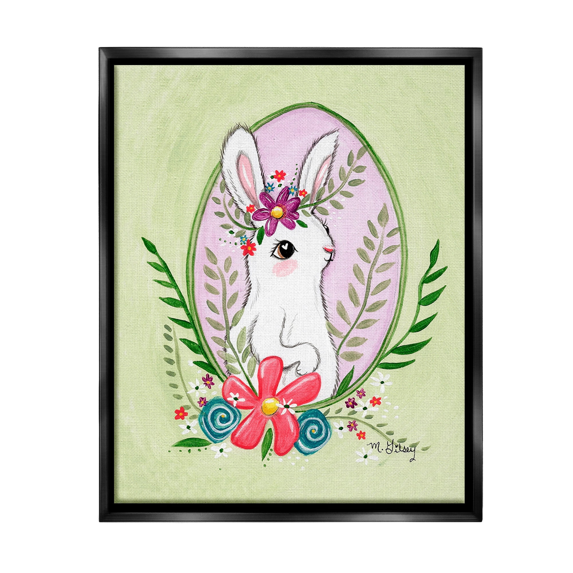 Stupell Industries Spring Bunny & Blossom Animals & Insects Painting Black Floater Framed Canvas Art Print Wall Art, 25 x 31