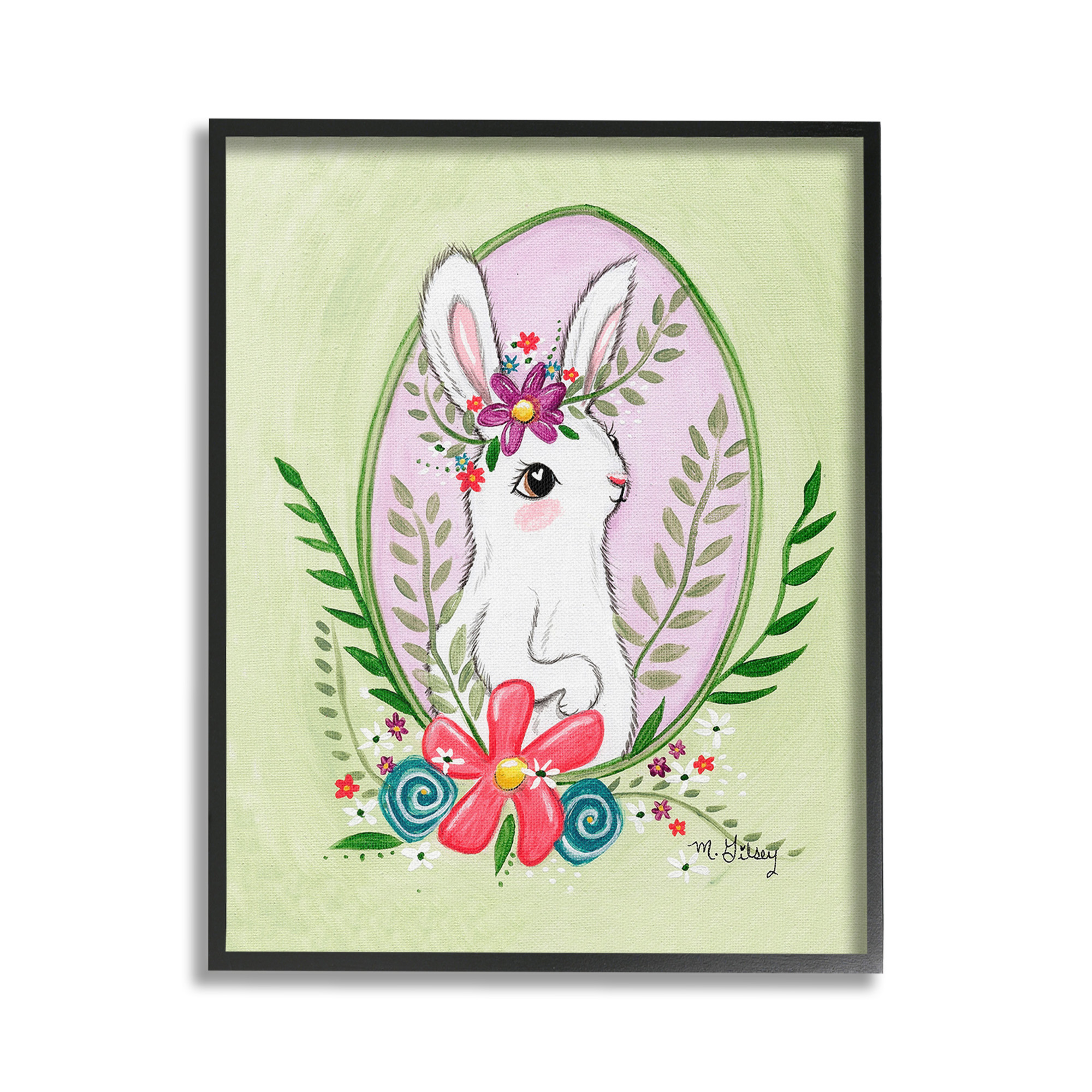 Stupell Industries Spring Bunny & Blossom Animals & Insects Painting Black Framed Art Print Wall Art, 24 x 30