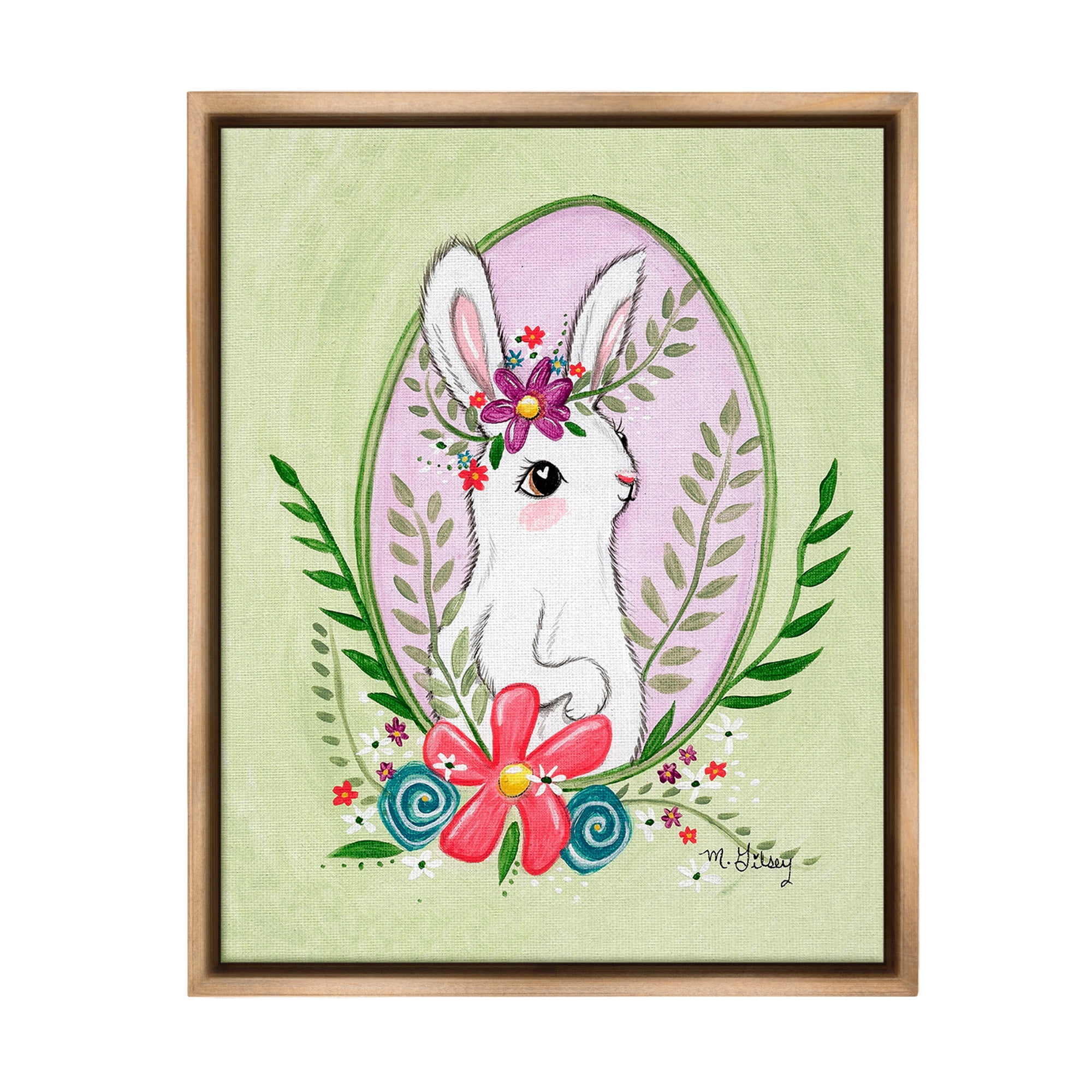Stupell Industries Spring Bunny & Blossom Animals & Insects Painting Brown Floater Framed Canvas Art Print Wall Art, 17 x 21